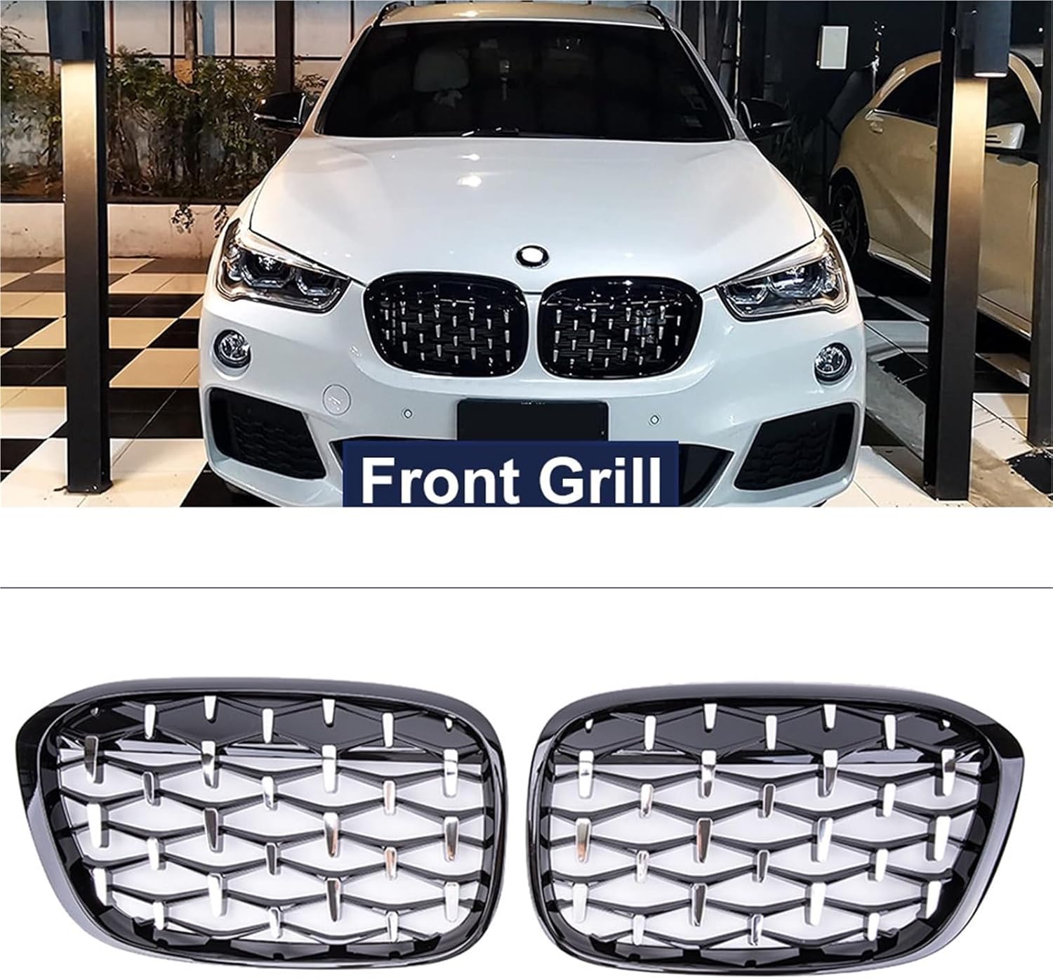 Car Diamond Front Kidney Grille Racing Grill Compatible with BMW X1 F48 F49 2016 2017 2018 2019 Meteor Style Grills Car Styling Parts(Black and Silver)