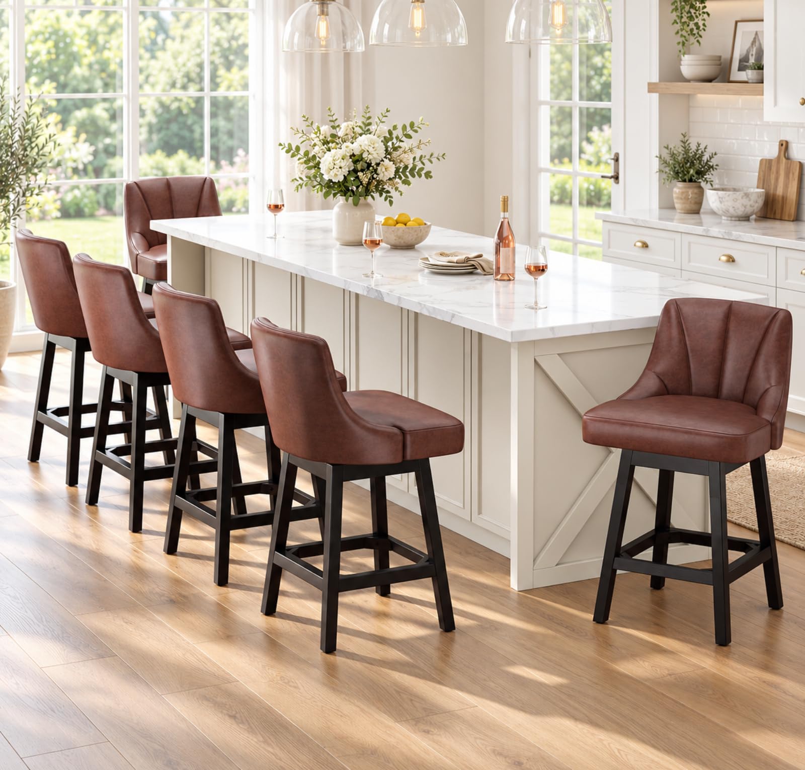 YaFiti 26" Swivel Bar Stools Set of 6 with Back &amp; Wood Legs, Leather Brown