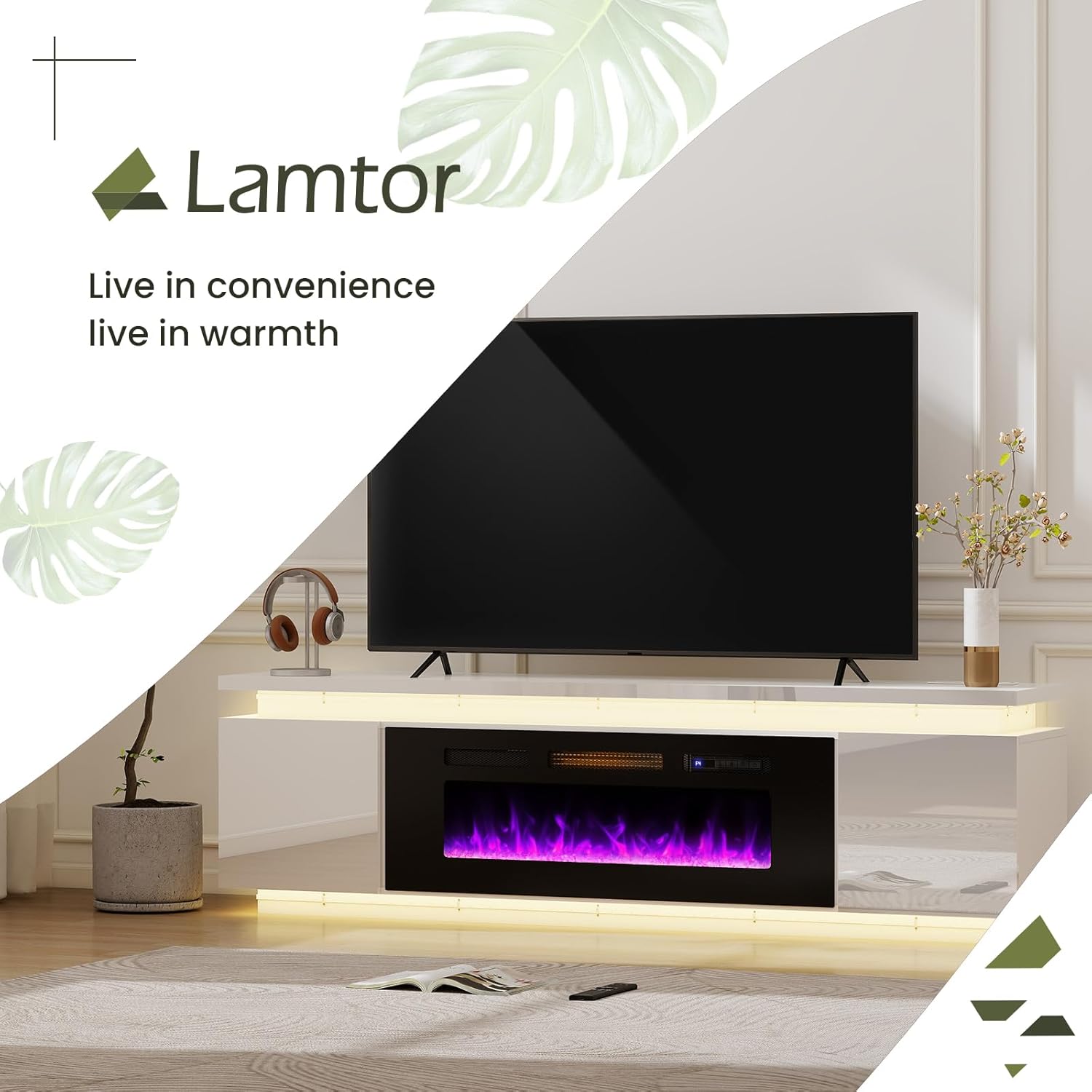 Fireplace TV-Stand with 40" Fireplace - 2 LED Light TV-Stand for 85 inch TVs, Entertainment Center with 4 AC Power Outlets, Storage 2 Tier TV Consoles Stand for Living Room, Easy Assembly, Light White