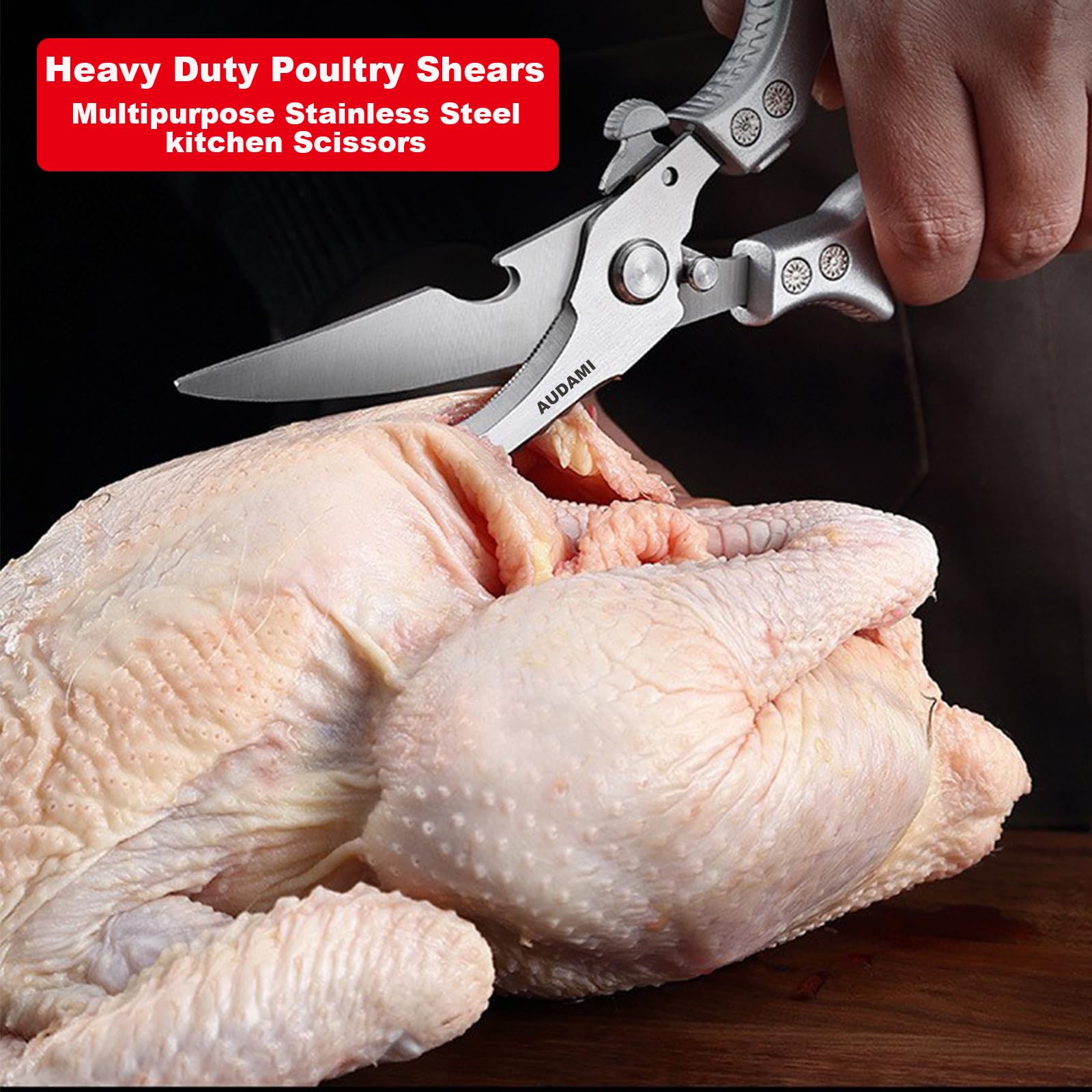 AUDAMI 2 Pack Kitchen Shears,Heavy Duty Stainless Steel All-Purpose Poultry Meat Scissors for Cooking-Dishwasher Safe