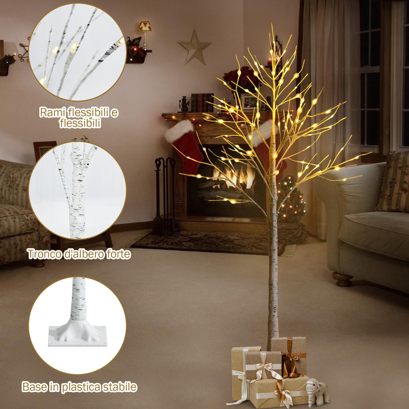 COSTWAY Albero Artificiale Illuminato con Rami di Betulla, Albero di Natale Bianco con Luci LED Calde e Bianche, Decorazione per Interno per Natale Pasqua Matrimonio (150cm)