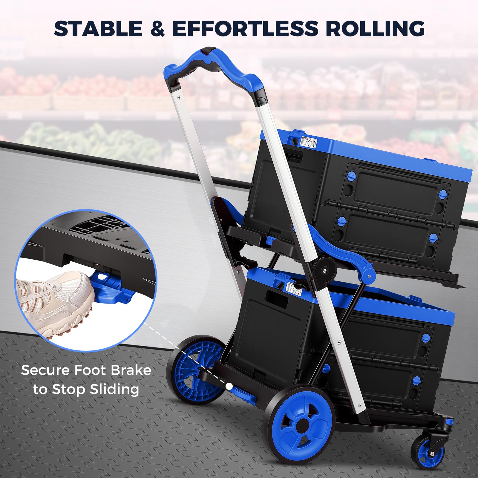 Carrito de compras plegable con ruedas, capacidad de 200 libras, carrito de comestibles con ruedas con caja de almacenamiento, carretilla de mano de plataforma con freno de pie