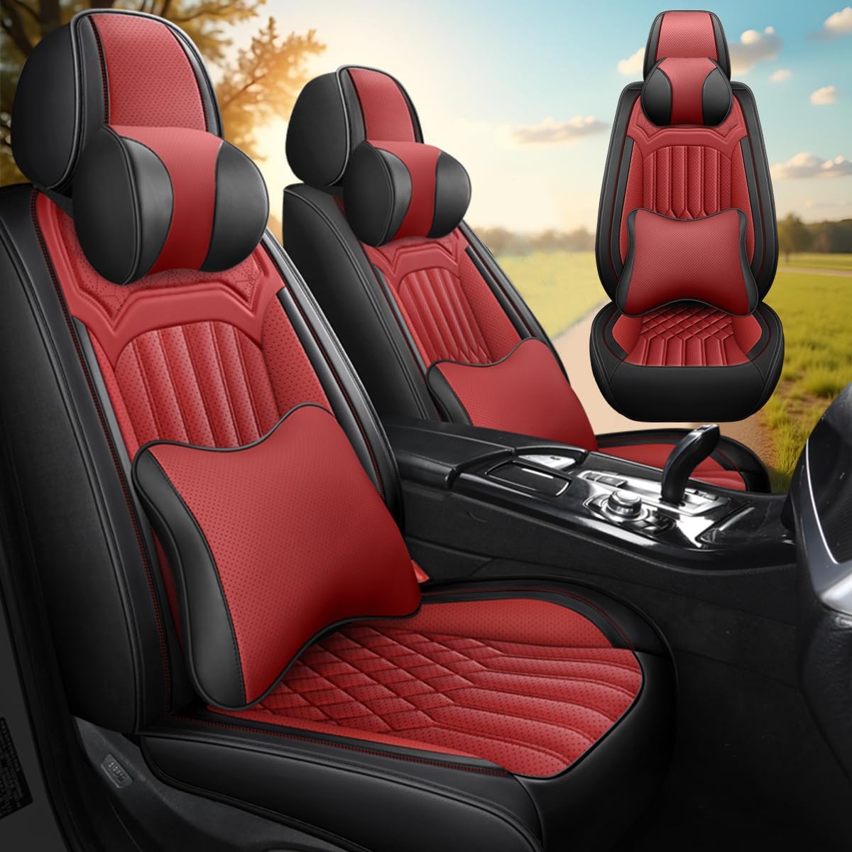 Leather Seat Cover for Ford Fusion 2006-2020, Waterproof Soft Seat Covers with Airbag Compatible, Automotive Interior Accessories Seat Cushions(Black&Red, 2PCS Front with Pillow)
