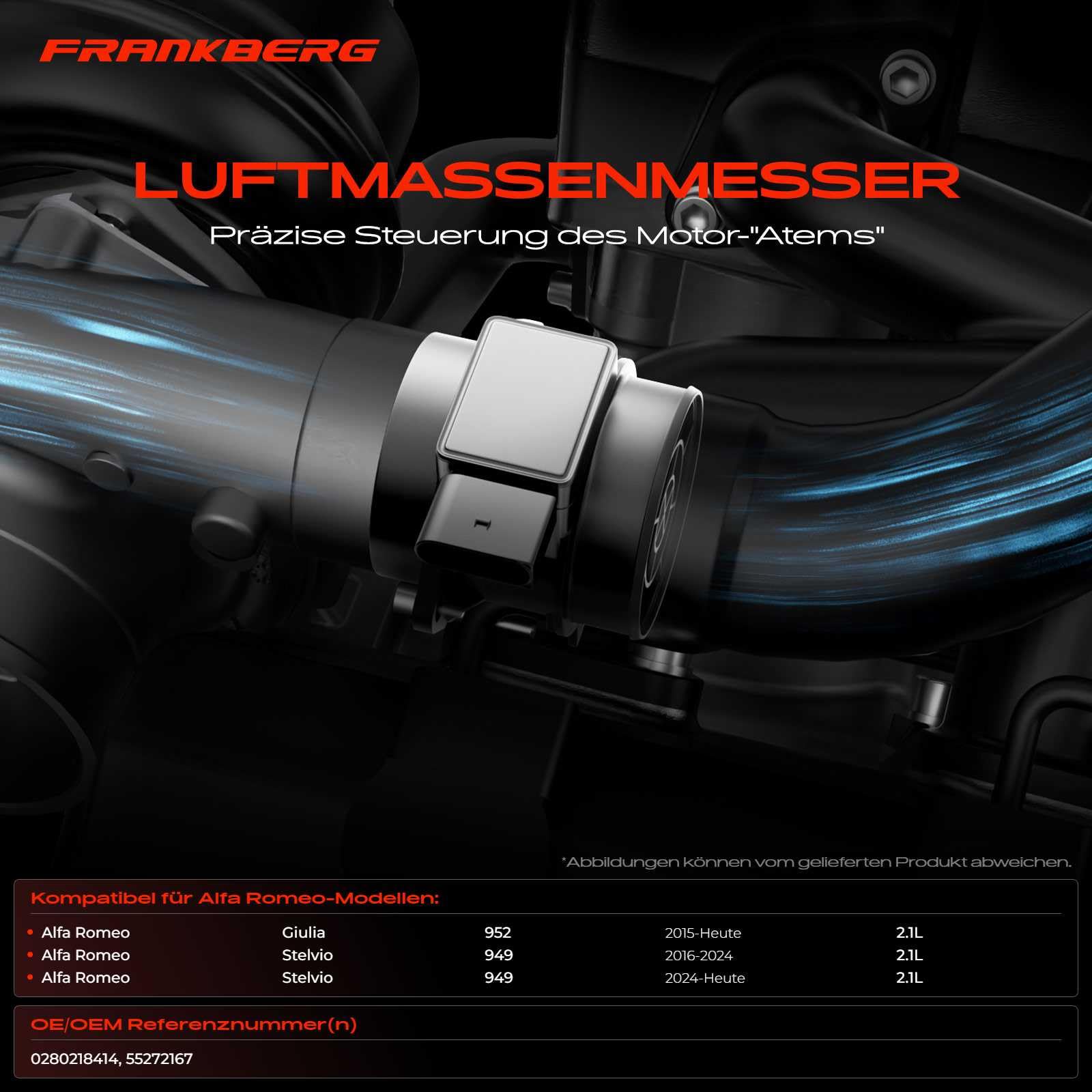 Frankberg Sensor de aire de admisión 4-Polos Compatible con Giulia 952 Stelvio 949 Replace# 0280218414,55272167