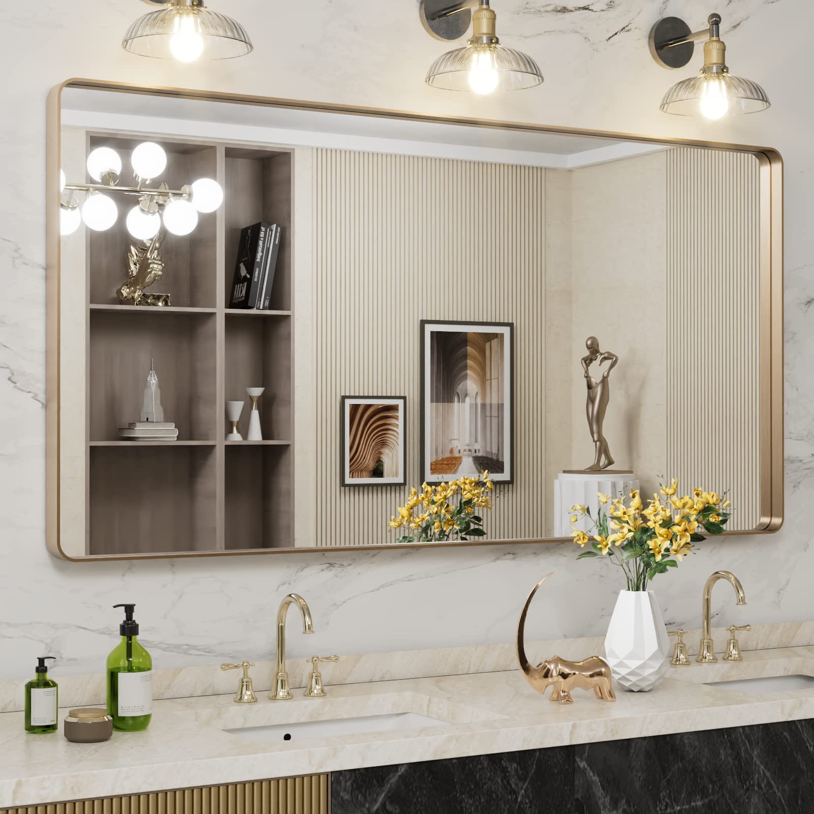 LOAAO 60”X30” Gold Bathroom Mirror, Rounded Rectangle Gold Frame Mirror, Brushed Gold Bathroom Vanity Mirror Wall-Mounted, Anti-Rust, Tempered Glass,