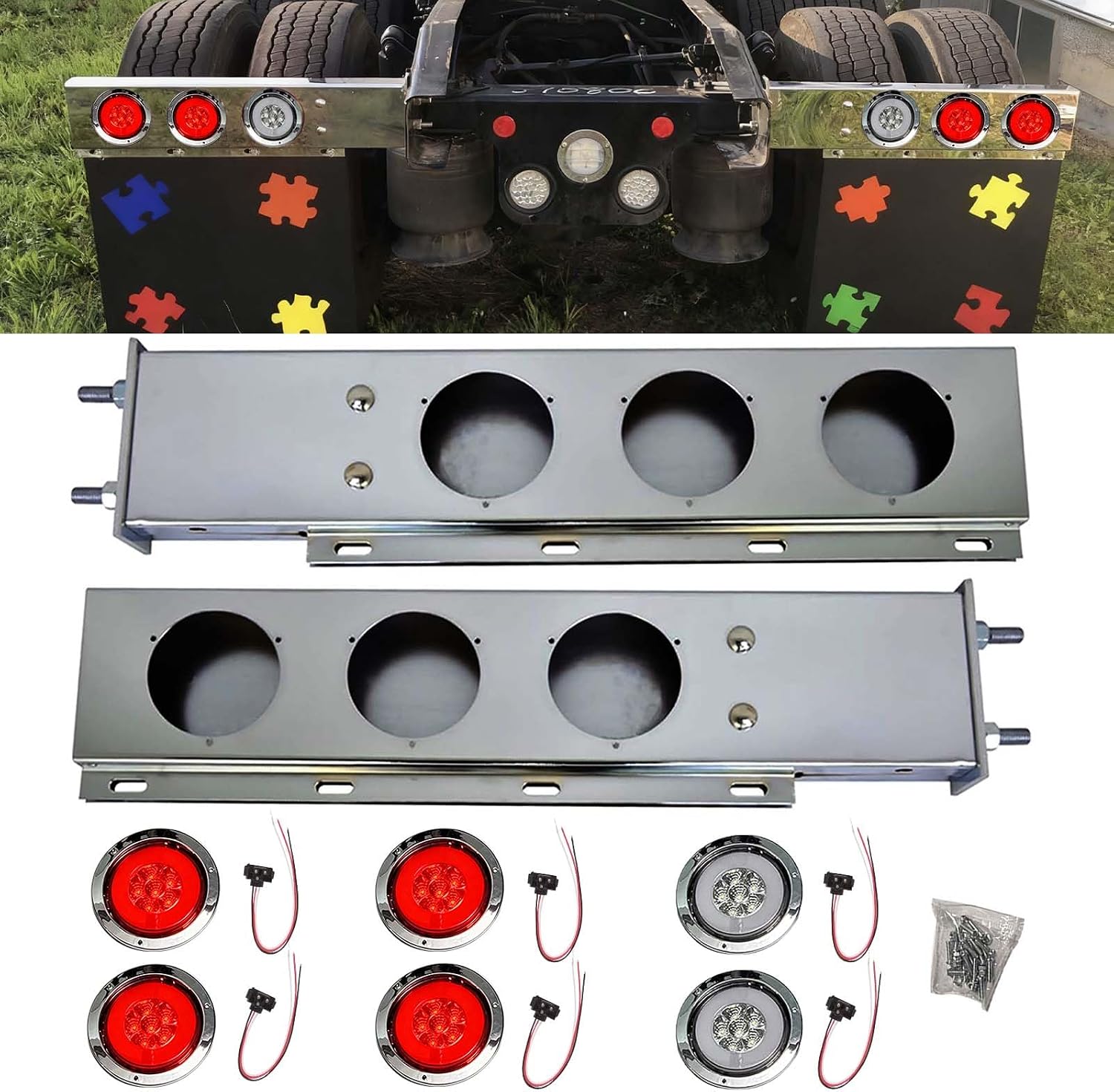 Universal 30" Stainless Steel Spring-Loaded Mud FlapHanger Light with LED Lights for Semi Trucks, 2-1/2" BoltSpacing Rear Tail Light Bar Box with 4" Light Cutouts (4X Red + 2X White)