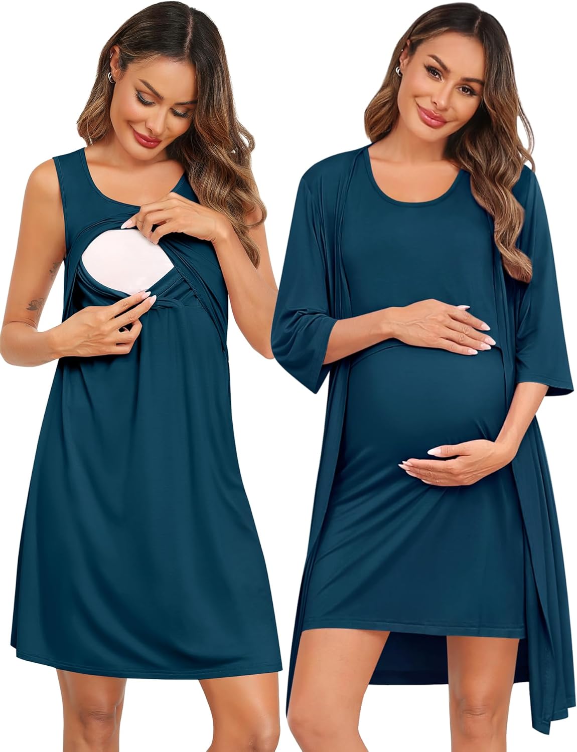 SWOMOG Women Maternity Nursing Gown and 3/4 Sleeve Robe Set Labor Delivery Nightgown Breastfeeding Hospital Bathrobe