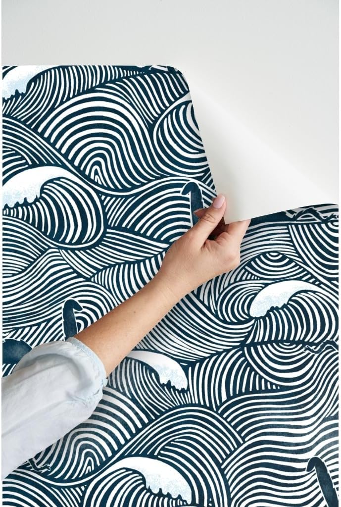 Spoonflower Peel & Stick Wallpaper 3ft x 2ft - Monster Blue Water Fantasy Waves Sea Creature Custom Removable Wallpaper