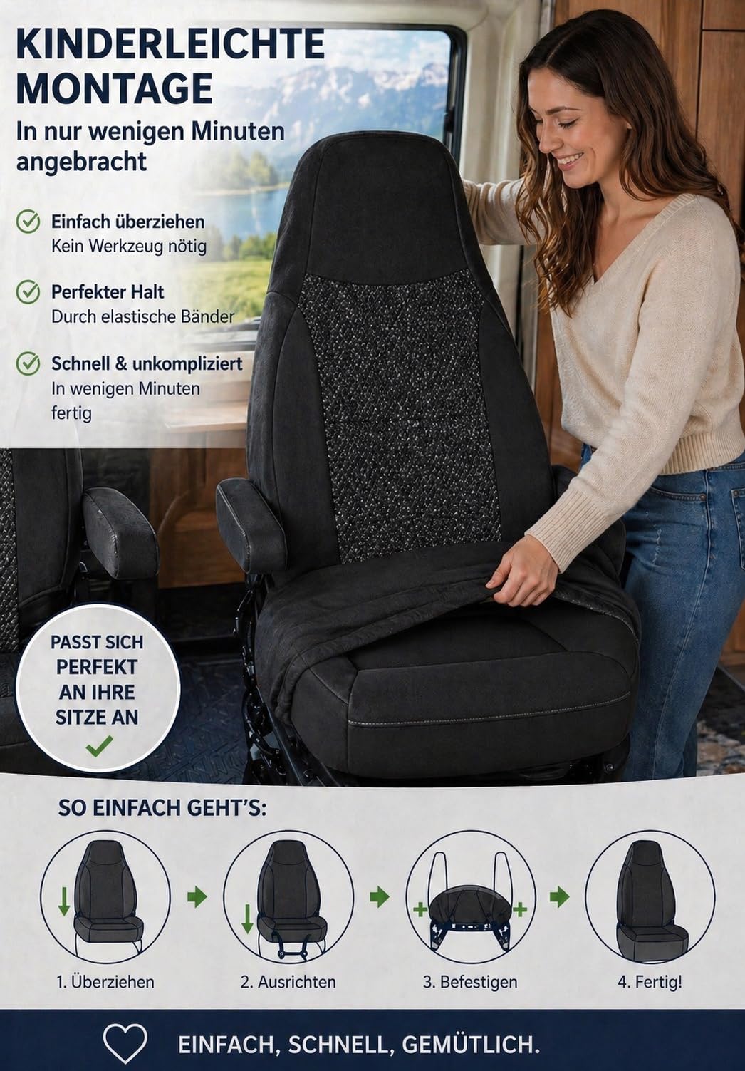 Generisch Fundas de asiento para autocaravana, piloto, asiento del conductor y del copiloto, 2 plazas, tejidos de alta calidad, lavables, juego 1+1 (negro)