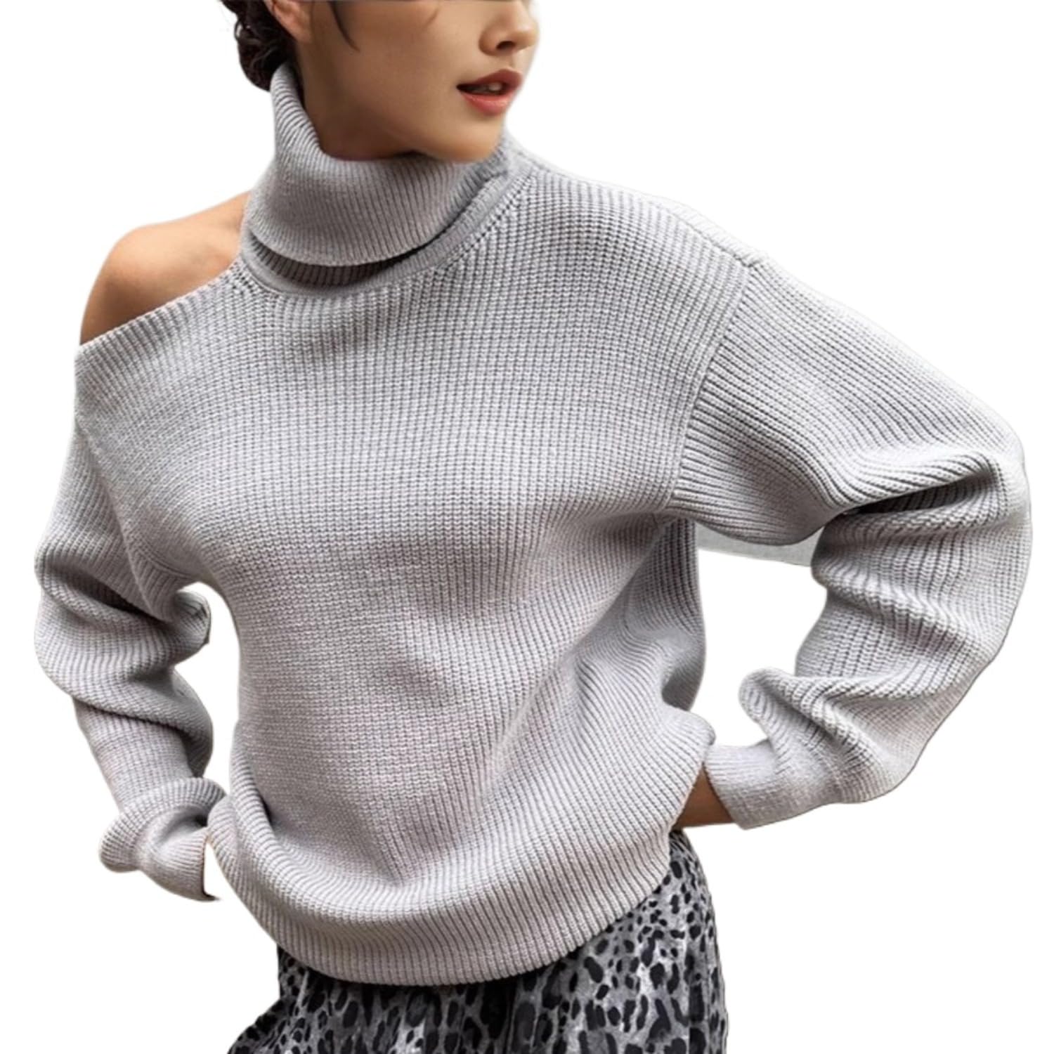Cold Shoulder Sweater Knit Mock Neck Asymmetrical Ribbed Long Sleeve Pullover Oversized Fall Casual Sweater