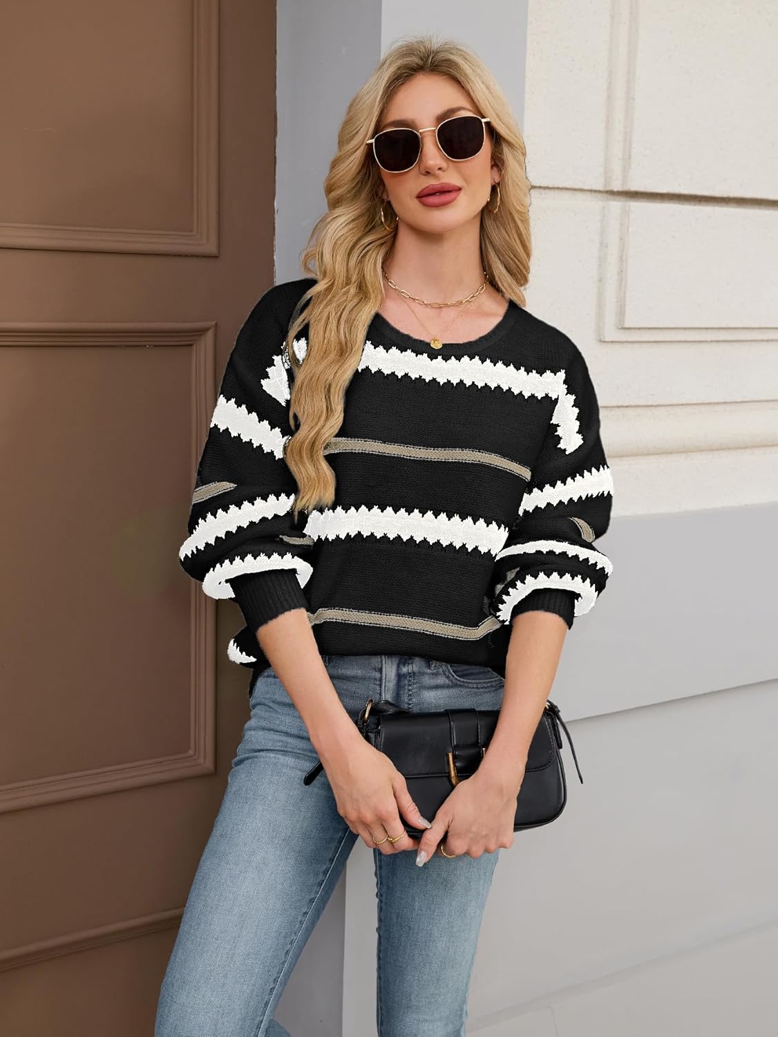 Womens Oversized Cute Striped Sweater Fall Winter Casual Chunky Knit Crewneck Color Block Long Sleeve Pullover Tops - Image 5