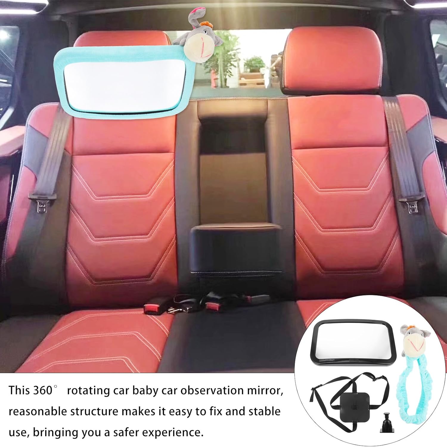 Adjustable Car Rearview Mirror 360° Rotatable Backseat Observation Mirror and Gray Plush for Car Seats