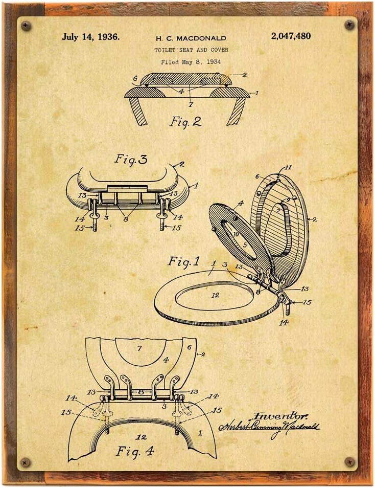 Wood-Framed Toilet Seat Patent Drawing Metal Sign, Vintage, Bathroom, Steampunk, IndustrialDecor on reclaimed, rustic wood