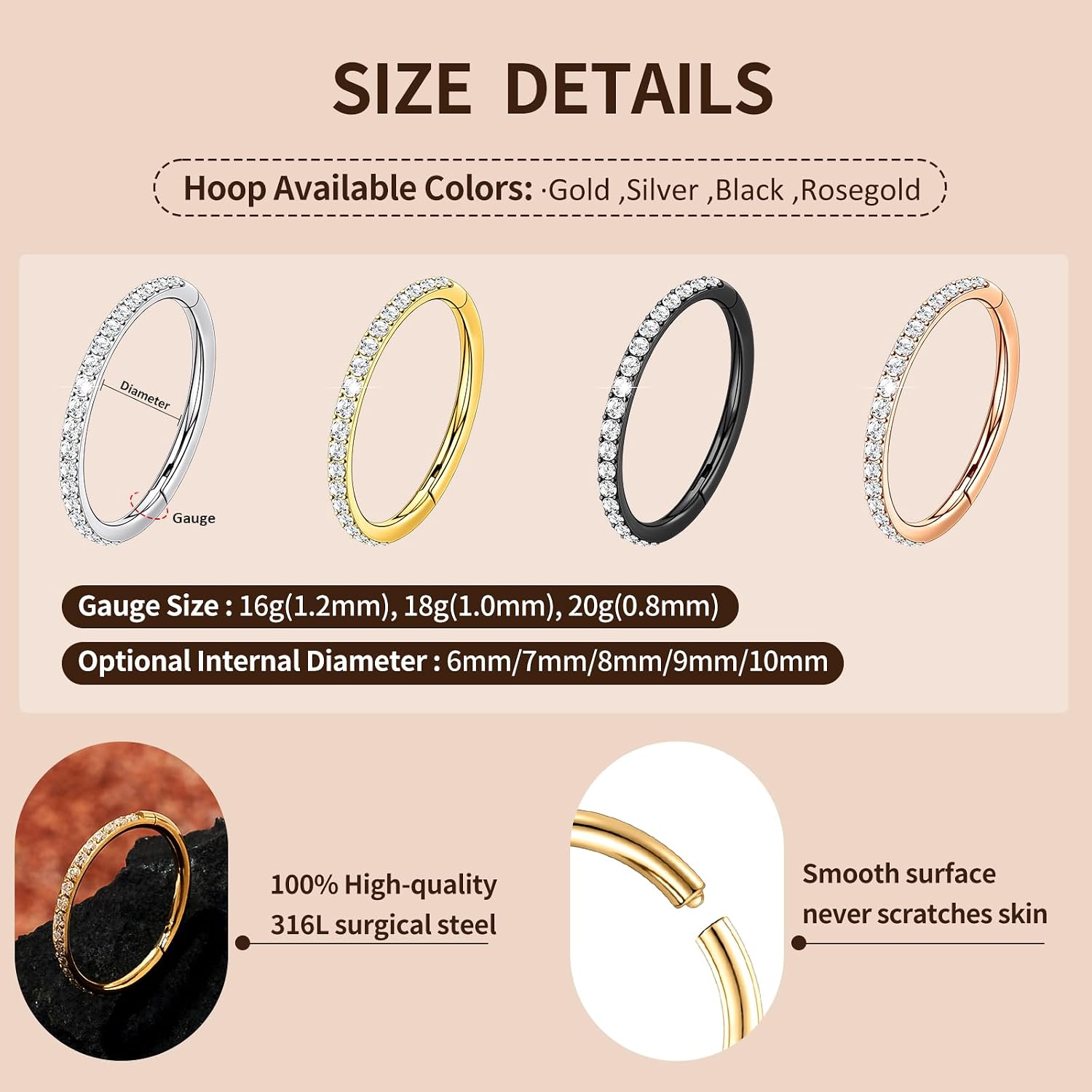 2PCS 20G 18G 16G Nose Ring Cartilage Hoop Earring Stainless Steel 4Colors Choose Hoop Earrings Hinged Summer Sparkle Septum Hoops Daith Conch Helix Tragus Piercing 6mm/7mm/8mm/9mm/10mm