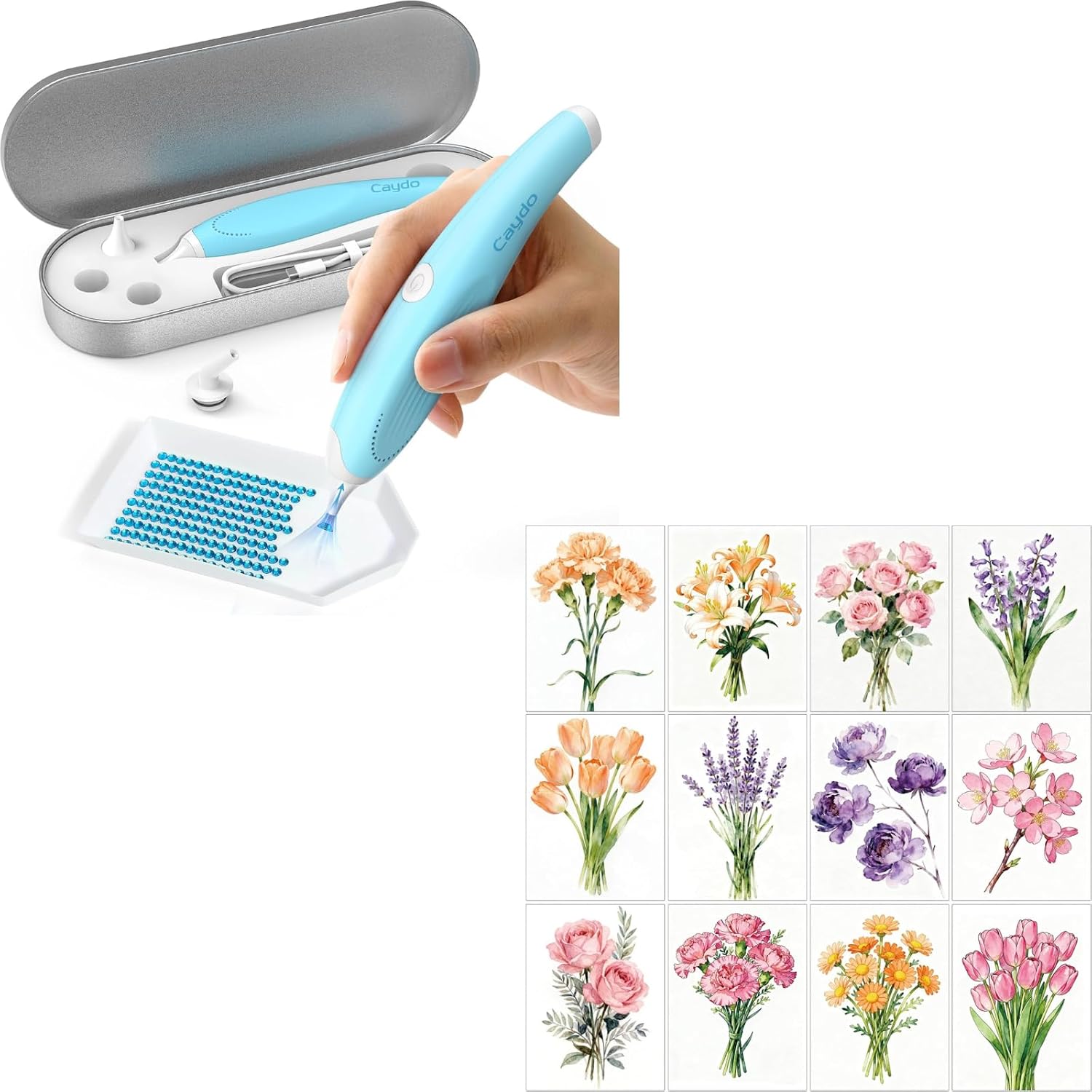 Caydo Cordless Electric Diamond Painting Pen and 12 Pack Flower Themed Diamond Painting Kits for Adults