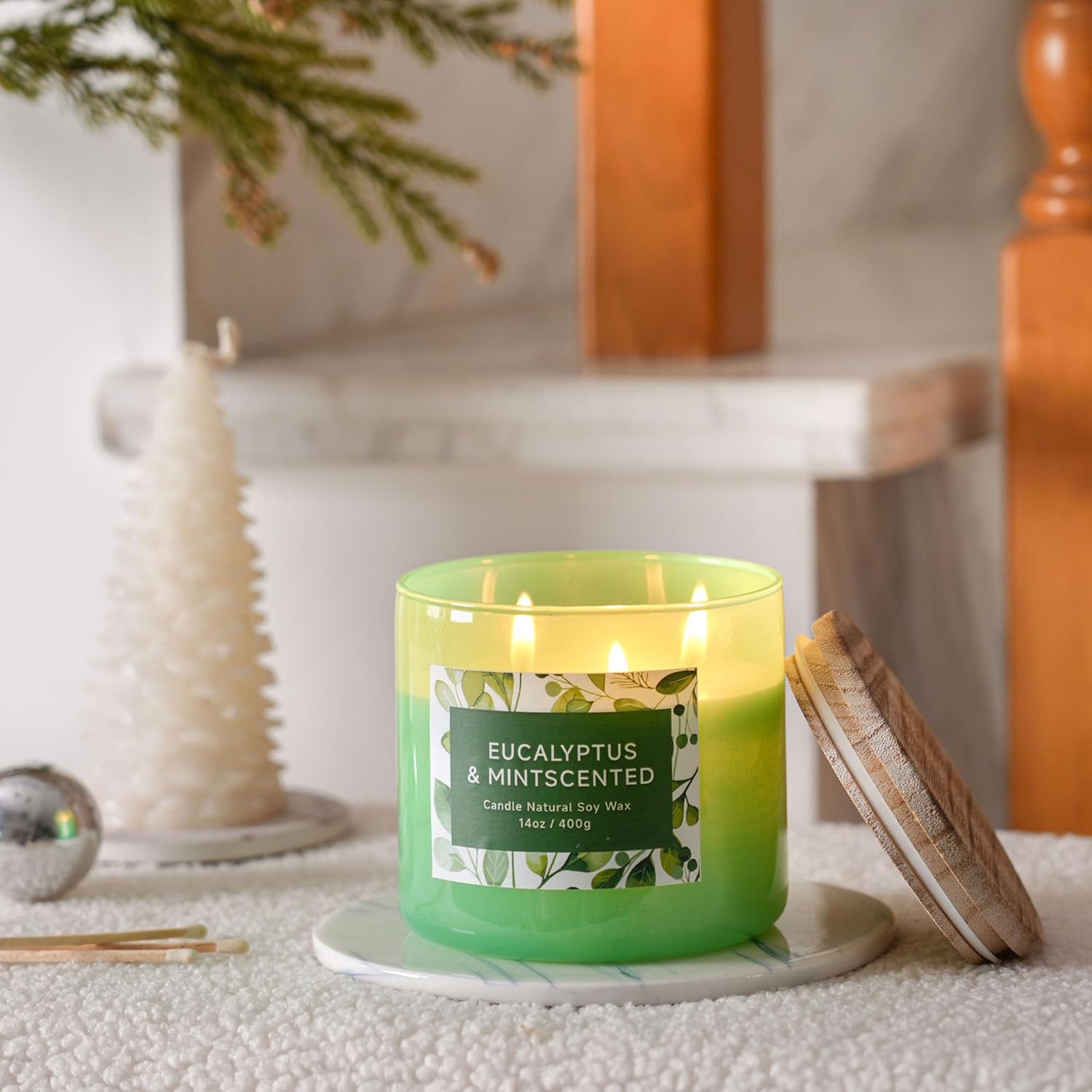 Eucalyptus & Mint Scented Candle - 3 Wicks 14 oz Soy Wax Candle, Christmas Relaxing Gift for Women and Men, Aromatherapy Candles for Stress Relief, Meditation, Yoga, SPA - Image 3