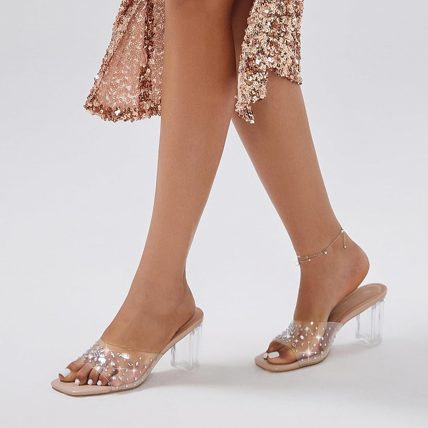 Clear Heels for Women Transparent Two Strap Block Chunky Square Heel Sandals Open Toe Slip On Mules for Women - Image 3