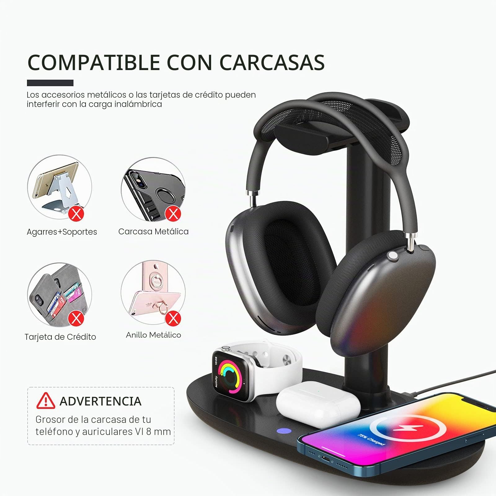 Soporte para auriculares con cargador inalámbrico de 15 W, estación de carga 4 en 1 para AirPods Max/Pro/4/3/2 iWatch 10/9/8/7/6/5/4/3/2/1/SE iPhone 16/15/14/13/12/11/X para juegos de mesa