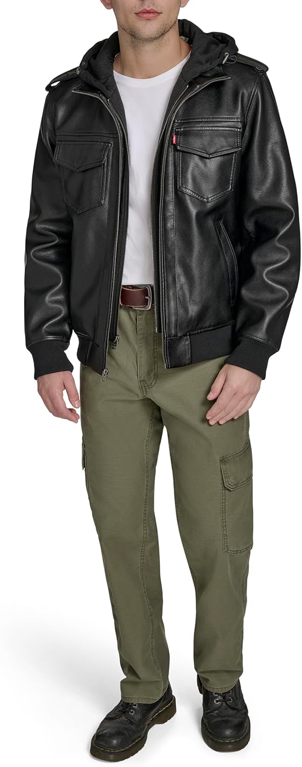 Levi's Men's Faux Leather Aviator Bomber Jacket With Jersey Bib and Hood - Image 2