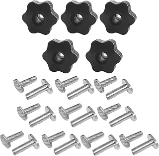 5 pcs 6-Star Clamping Knobs with 20 pcs M8 1-inch T Slot Bolts fits for T Track Accessories Feather Boards Woodworking jigs and fixtures