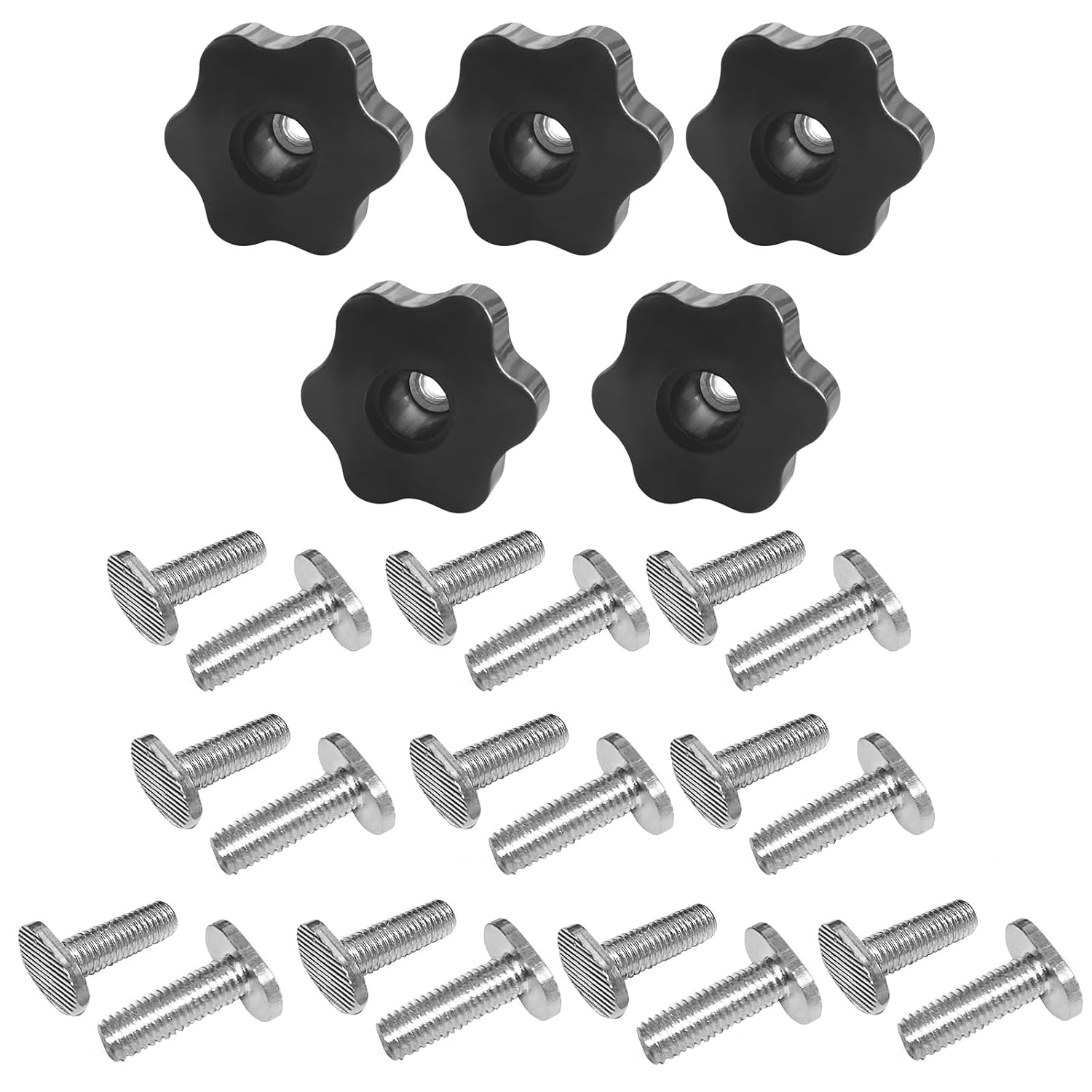 5 pcs 6-Star Clamping Knobs with 20 pcs M8 1-inch T Slot Bolts fits for T Track Accessories Feather Boards Woodworking jigs and fixtures