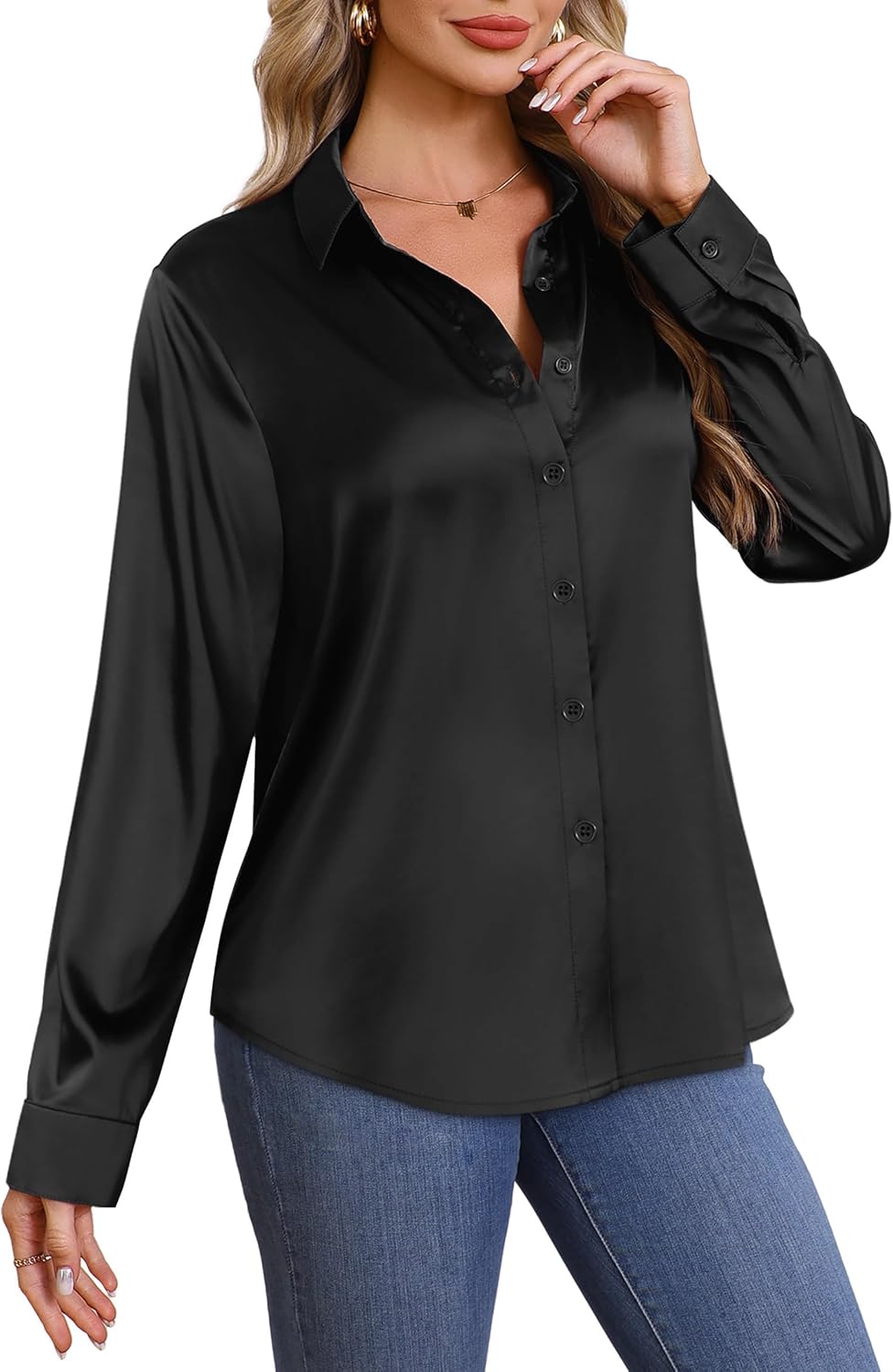 OFEEFAN Womens Button Down Shirts Long Sleeve Tops Silk Satin Blouses Business Casual Fashion Outfit - Image 4