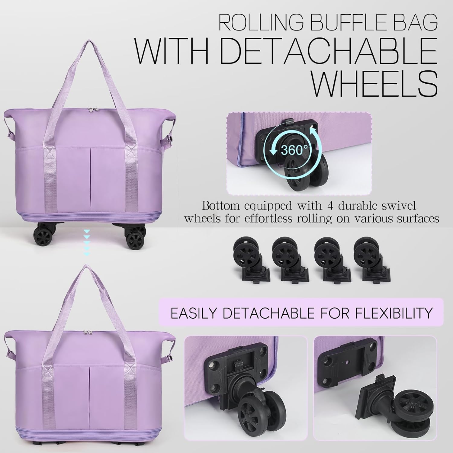 VOOWO Duffel Bag with Wheels - Rolling Foldable Expandable Duffle Bag with Wheels for Travel, Rolling Luggage Bag Carry On Travel Bag with Wheels, Large Wheeled Overnight Weekender Bag (Light Purple) - Image 5