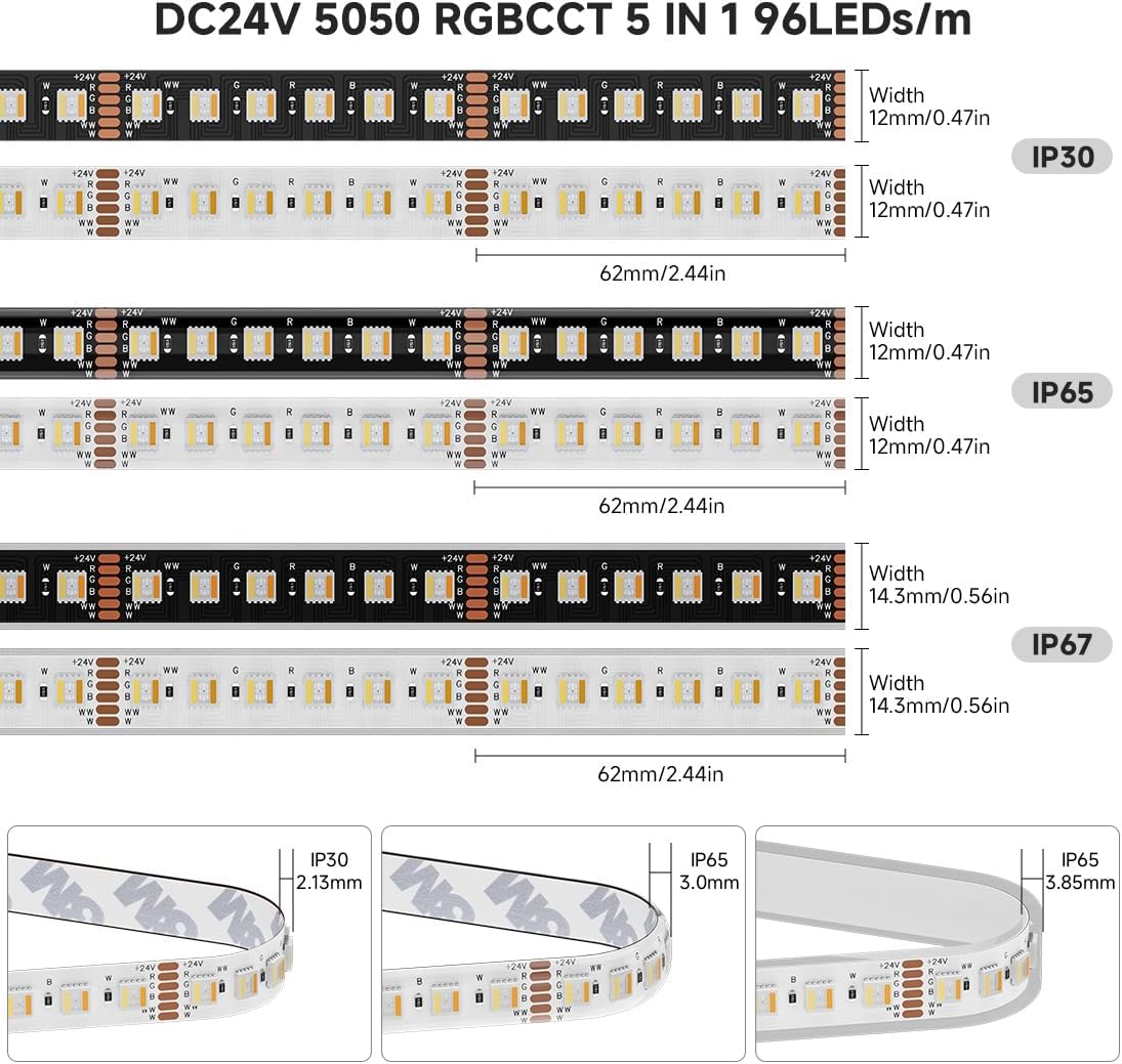BTF-LIGHTING RGBCCT 5 Colors in 1 LED 5050SMD RGBWW RGB+Dimmable Tunable Color Temperature 2700K-6500K UL Listed 16.4ft 96LED/m 480LED DC24V Multi-Colored IP65 for Decoration(No Adapter or Controller)