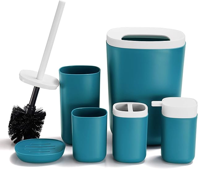 GERUIKE Bathroom Accessory Set 6 Pieces Plastic Bathroom Accessories Toilet Brush, Toothbrush Holder, Plastic Cup, Soap Dish, Trash Can, Lotion Dispenser (Cyan)