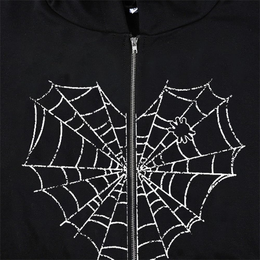 Aobiono Women Men Y2K Zip Up Oversized Hoodie Gothic Spider Web
