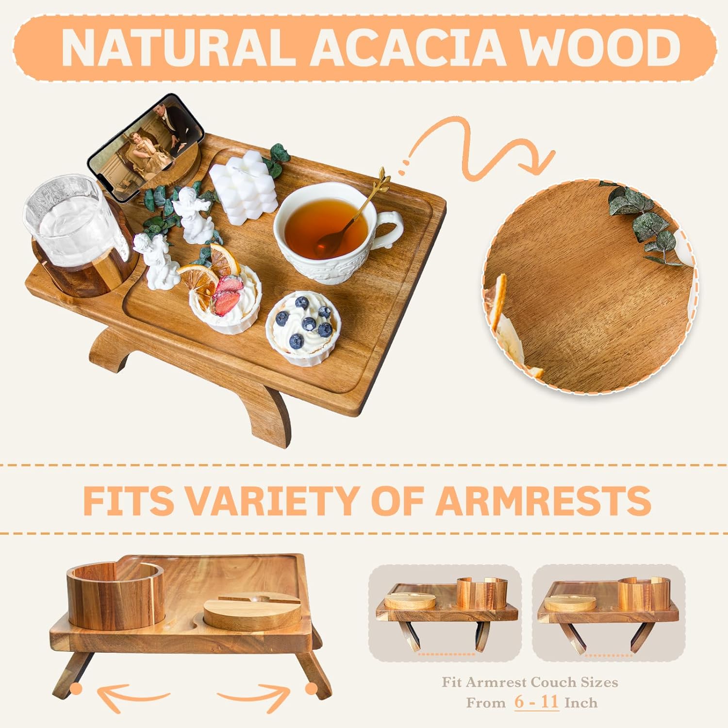 Couch Armrest Table, 3 in 1 Acacia Wood Sofa Arm Tray with 360° Cup Holder & Rotating Phone Stand – Foldable Clip-On Side Table Food Tray for Snacks, Drinks, Remote