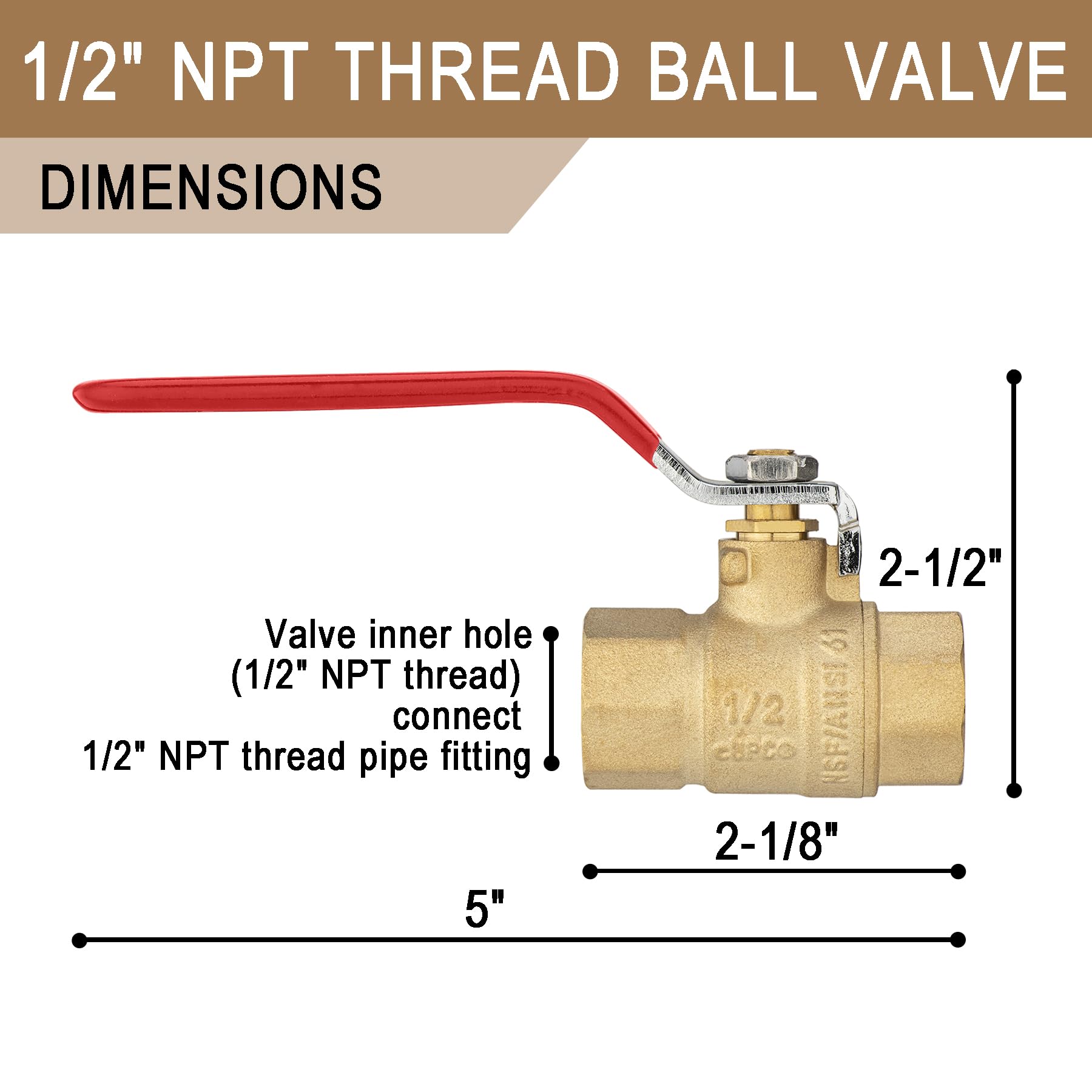 Válvula de bola de rosca NPT de 1,27 cm, 10 unidades, válvula de cierre LING-BV1-1/2FNPT-10