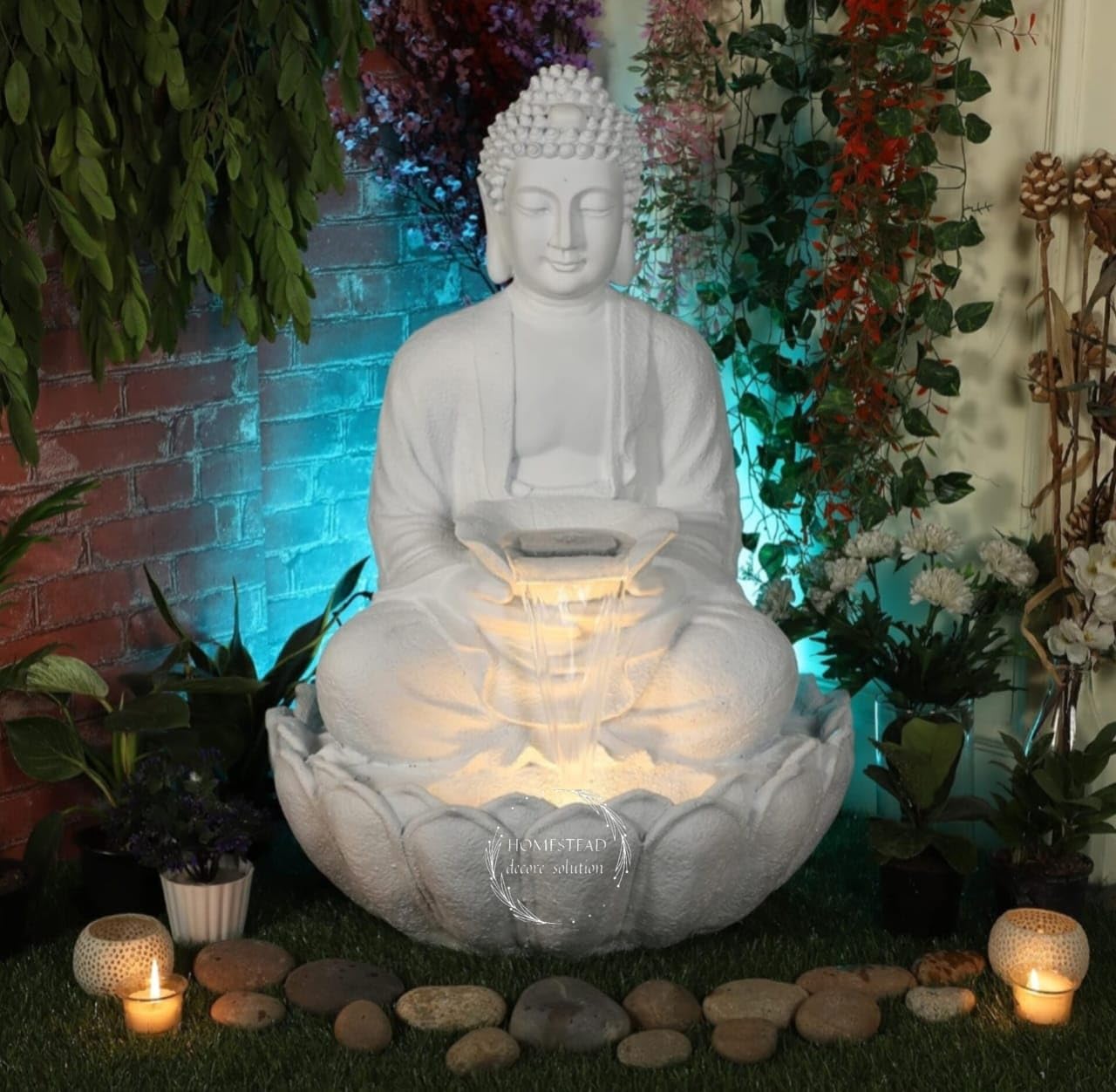 Homestead Decore Solution Buddha Water Fountain with Lotus Base Big Size 3 feet, Decorative Garden Home Decor Living Room Meditation Area Indoor Outdoor Fiber (White)