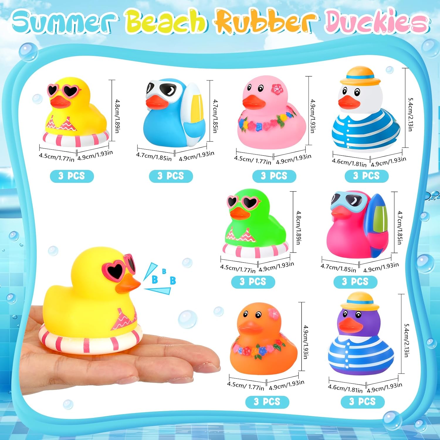 Honoson 72 Pcs Summer Beach Rubber Duckies Bulk Mini Rubber Duck Bath Toys Float Bathtub Ducky Cute Squeaky Ducky for Classroom Carnival Summer Birthday Baby Shower Party Favor (8 Colors)