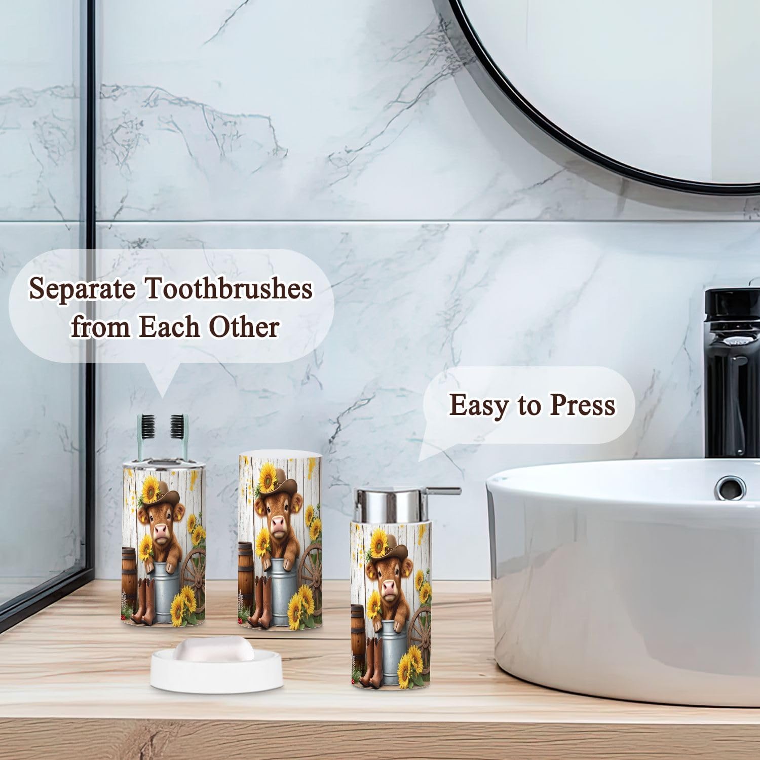 Bathroom Accessories Set 6 Pcs Highland Cow Shower Curtain Bathroom Farmhouse Rustic Cow Sunflower Toothbrush Holder Cup Soap Dispenser Soap Dish Toilet Brush Holder Trash Can for Countertop Decor