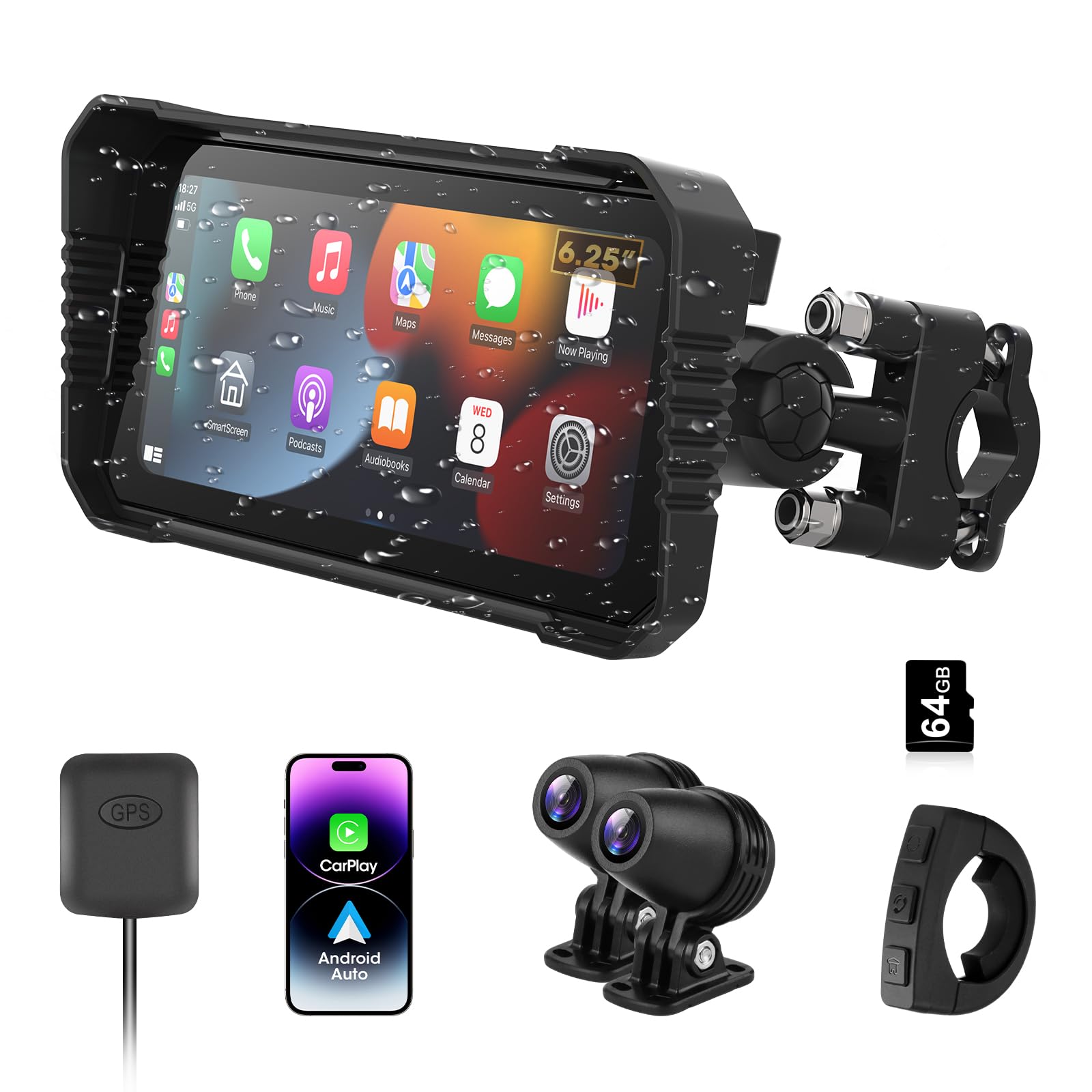 Vtopek Carplay Moto 6,25 Pollici Dashcam 4K+1080P Dual Camera Impermeabile Navigazione GPS Bluetooth Siri 64GB
