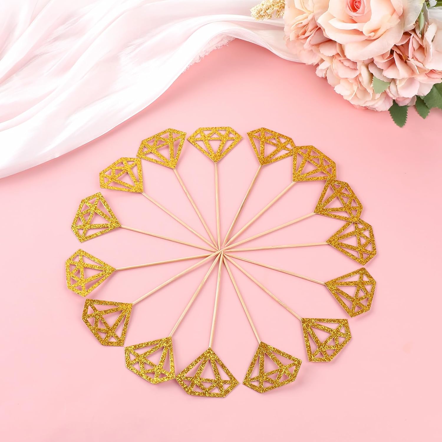 50 Pack Diamond Ring Cake Toppers Glitter Bridal Shower Cupcake Toppers Toothpicks for Wedding Engagement Anniversary Valentines Party Decorations (Gold)