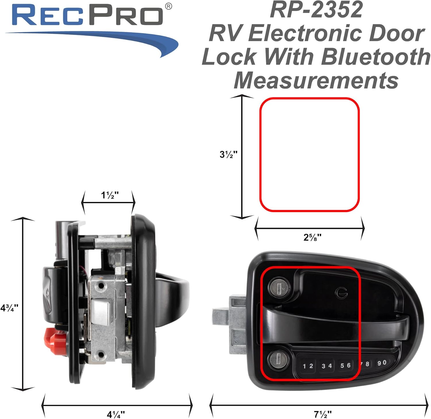Close-up of the RecPro RV Electronic Door Lock showing the keyholes, interior safety release, and illuminated keypad.