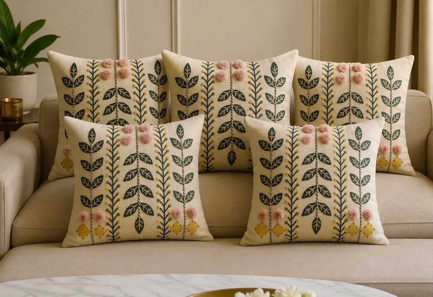 Daisy Embroidered Cushion Cover | Beige Cotton Linen Throw Pillow Cover with Textured White Floral Design for Modern Home Decor (Leaf)-image-44