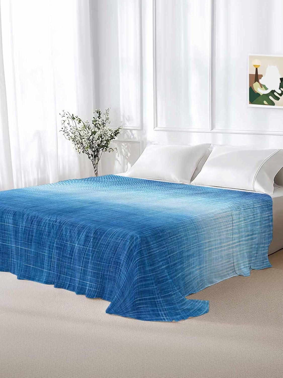 Top Sheet Full Bedding Flat Sheet Only, Vintage Gradient Blue Texture Microfiber Bed Sheets Soft Breathable Bedding Flat Sheets, Retro Abstract Art Hotel Luxury Top Sheets