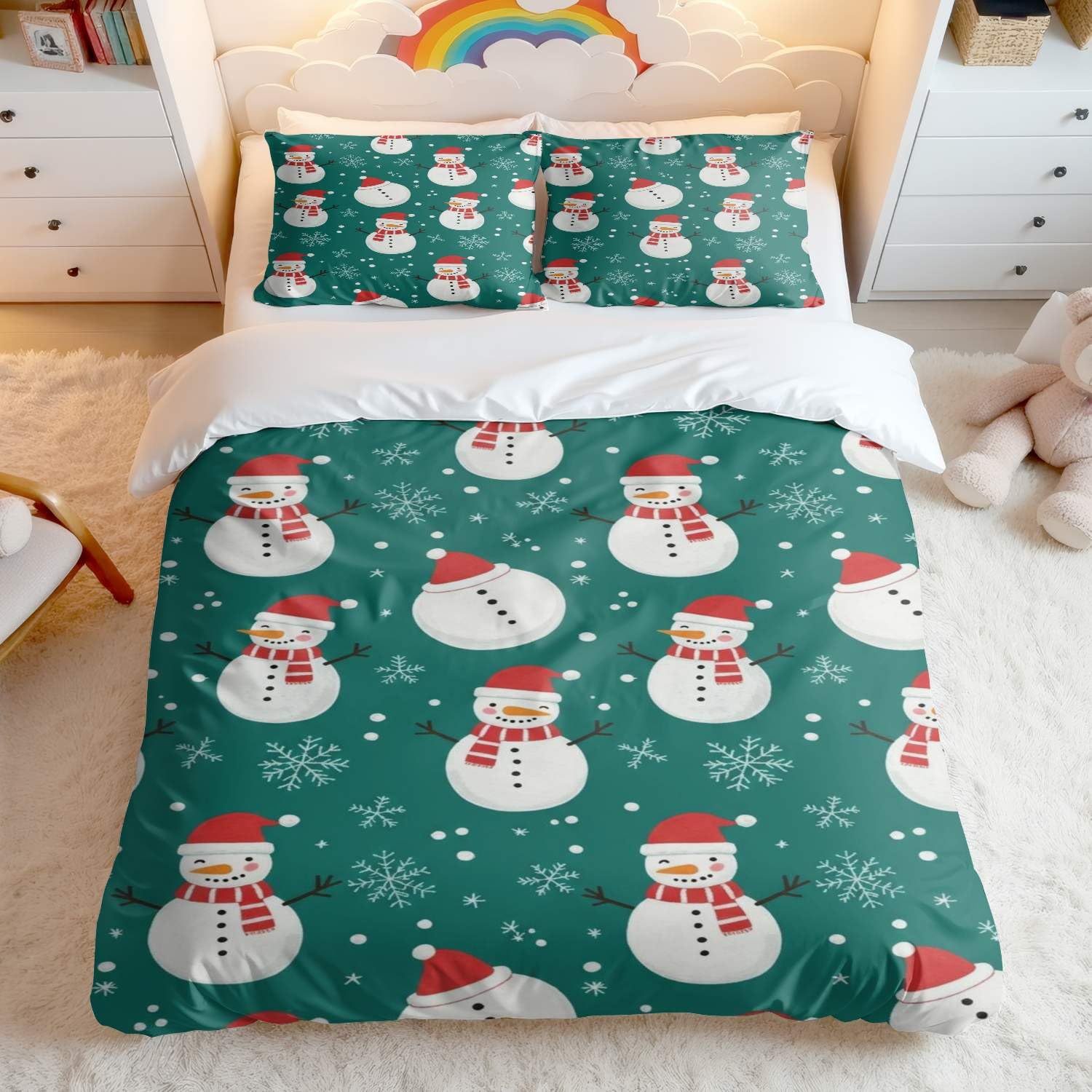 Housse de couette bonhomme de neige bleu anti-froid lit King 3 pcs