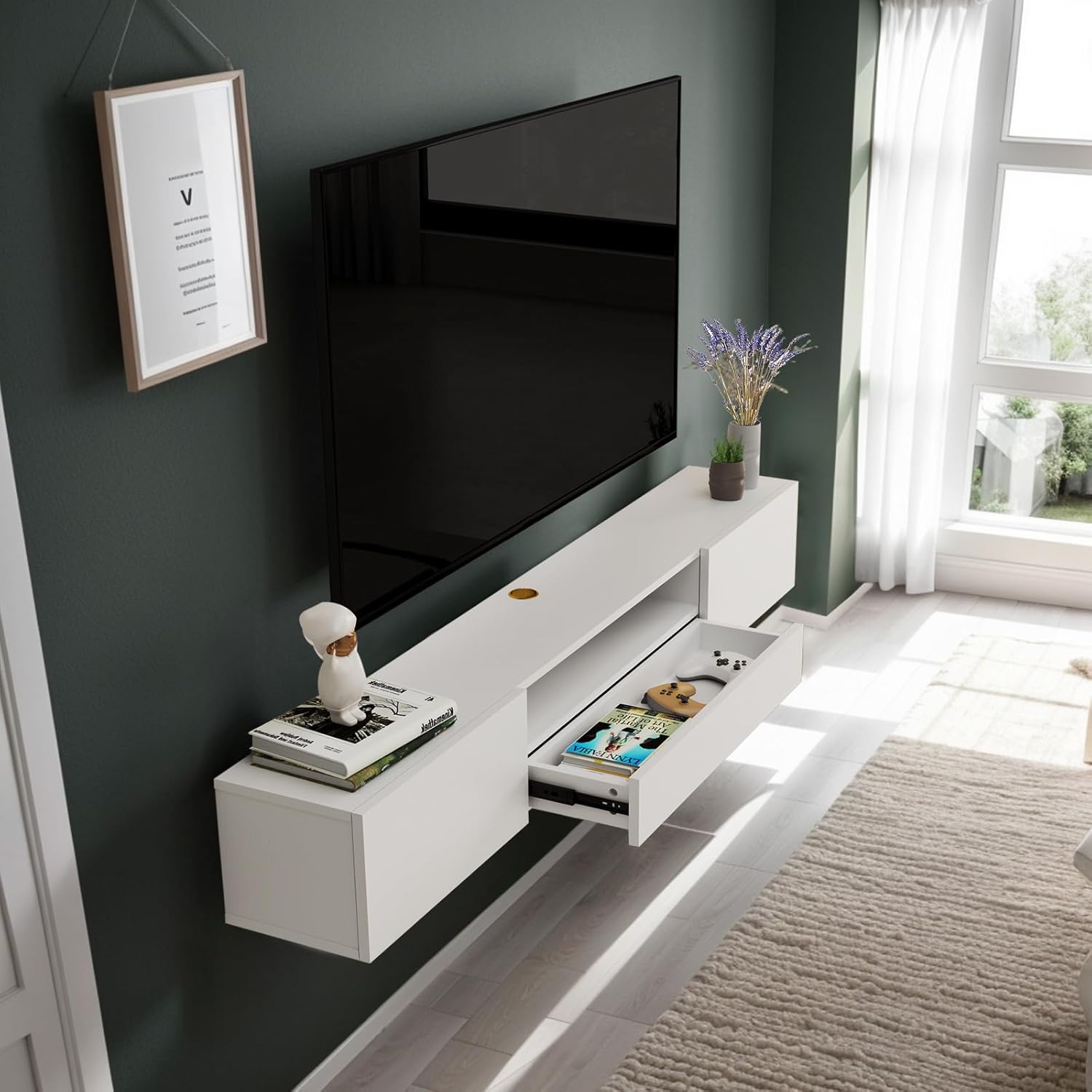 Floating TV Stand, 62” Solid Wood Wall Mounted TV Cabinet,