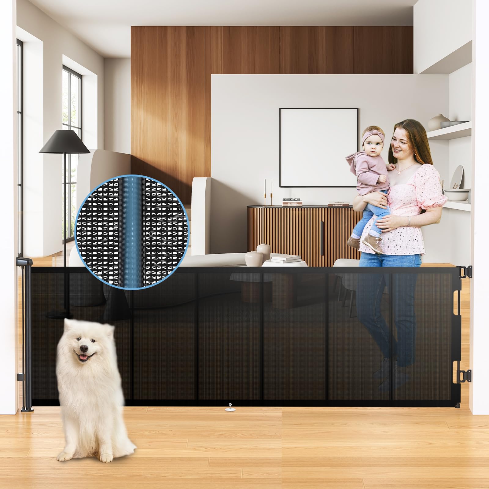hamopy 120 inch reinforced strip extra wide retractable baby gate, 33" tall, prevent crawling through, wide extra long child safety gate for indoor baby fence, outdoor, stairs, deck(black)