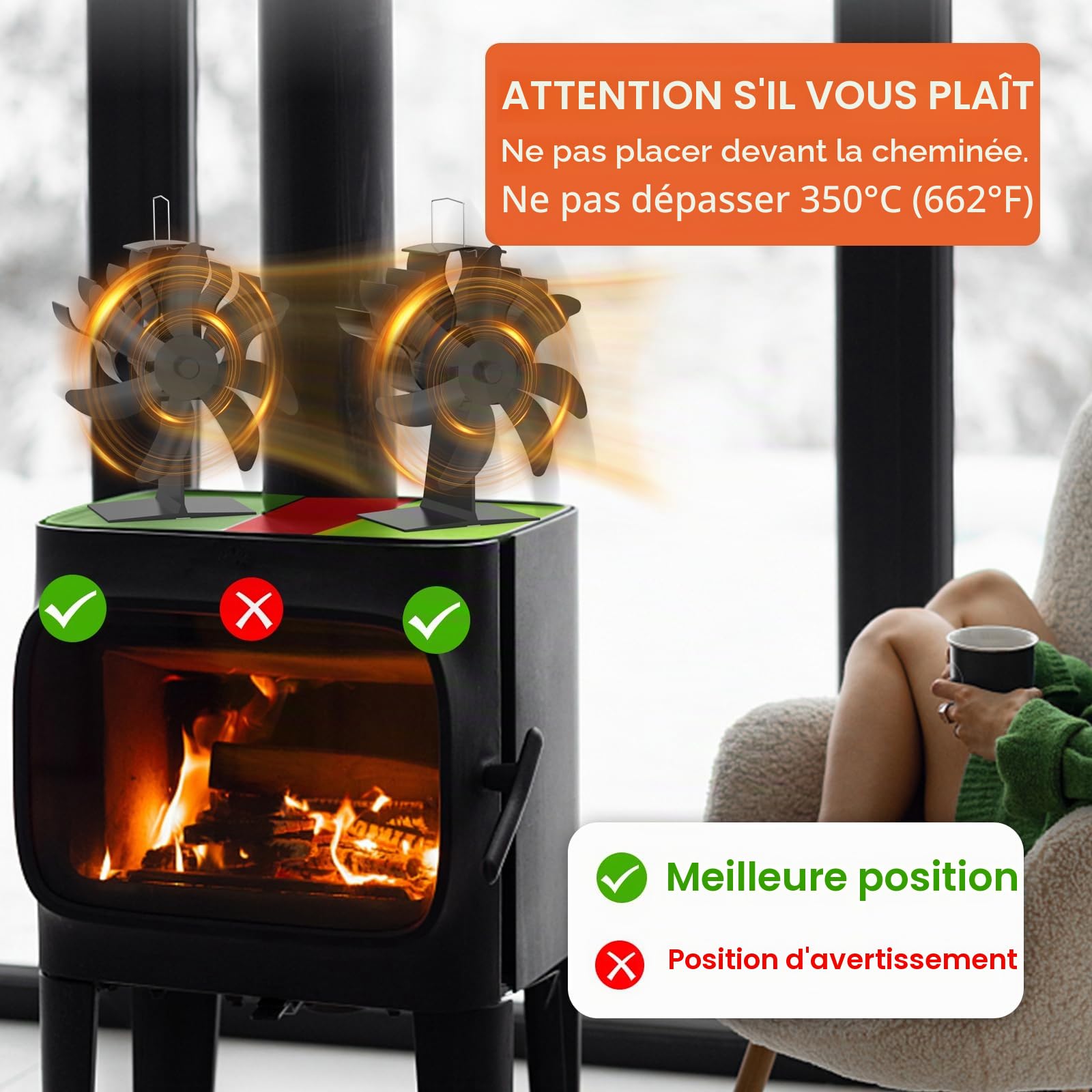 Ventilateur Poele à Bois 7 Pales, Cheminée Avec Thermomètre, Écologique, Répartition Efficace de La Chaleur Pour Brûleurs à Bois et Cheminées