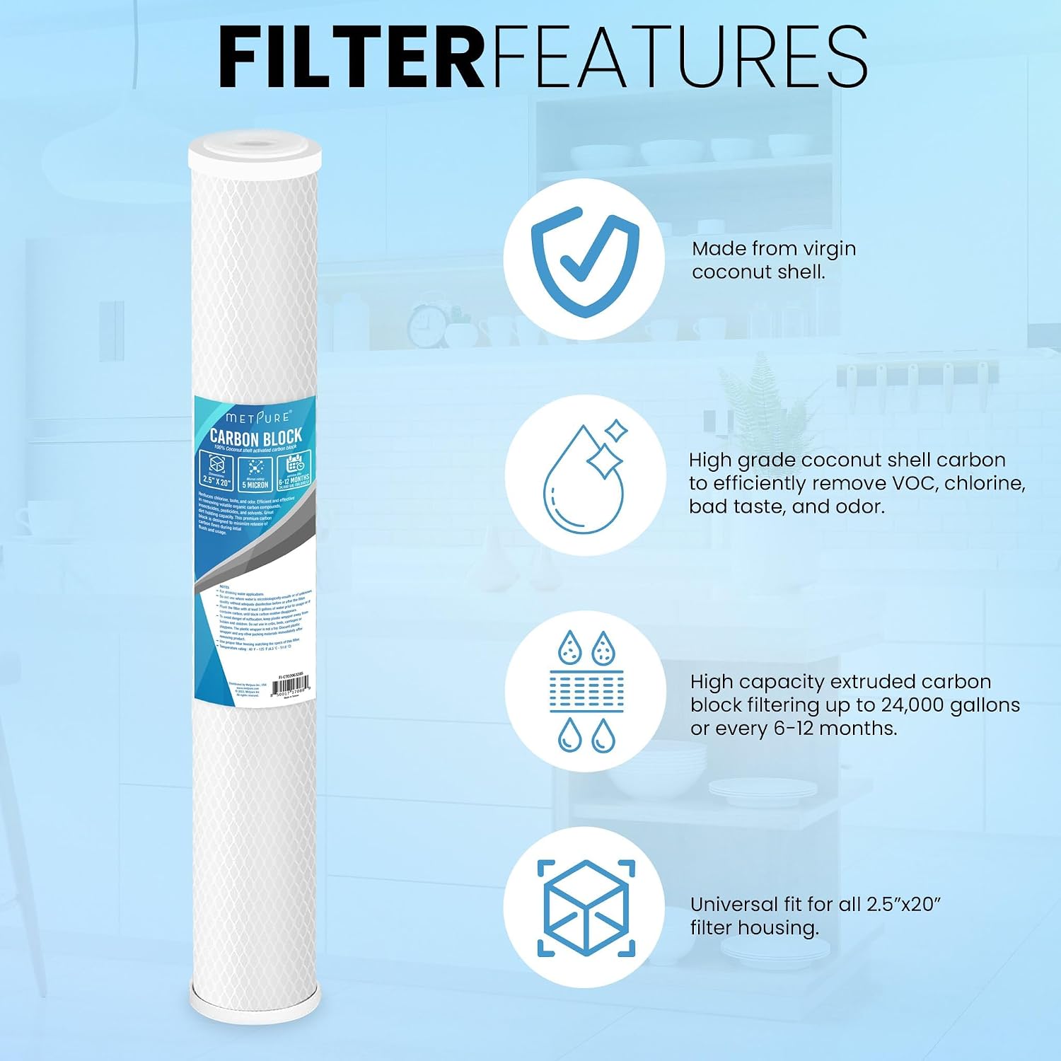 Metpure 20” x 2.5” Whole House Carbon Water Filter Cartridge Replacement - 5 Micron Coconut Shell Activated Carbon Block CTO 20-inch. Universal, Compatible with Pentek, and more. 2 Pack