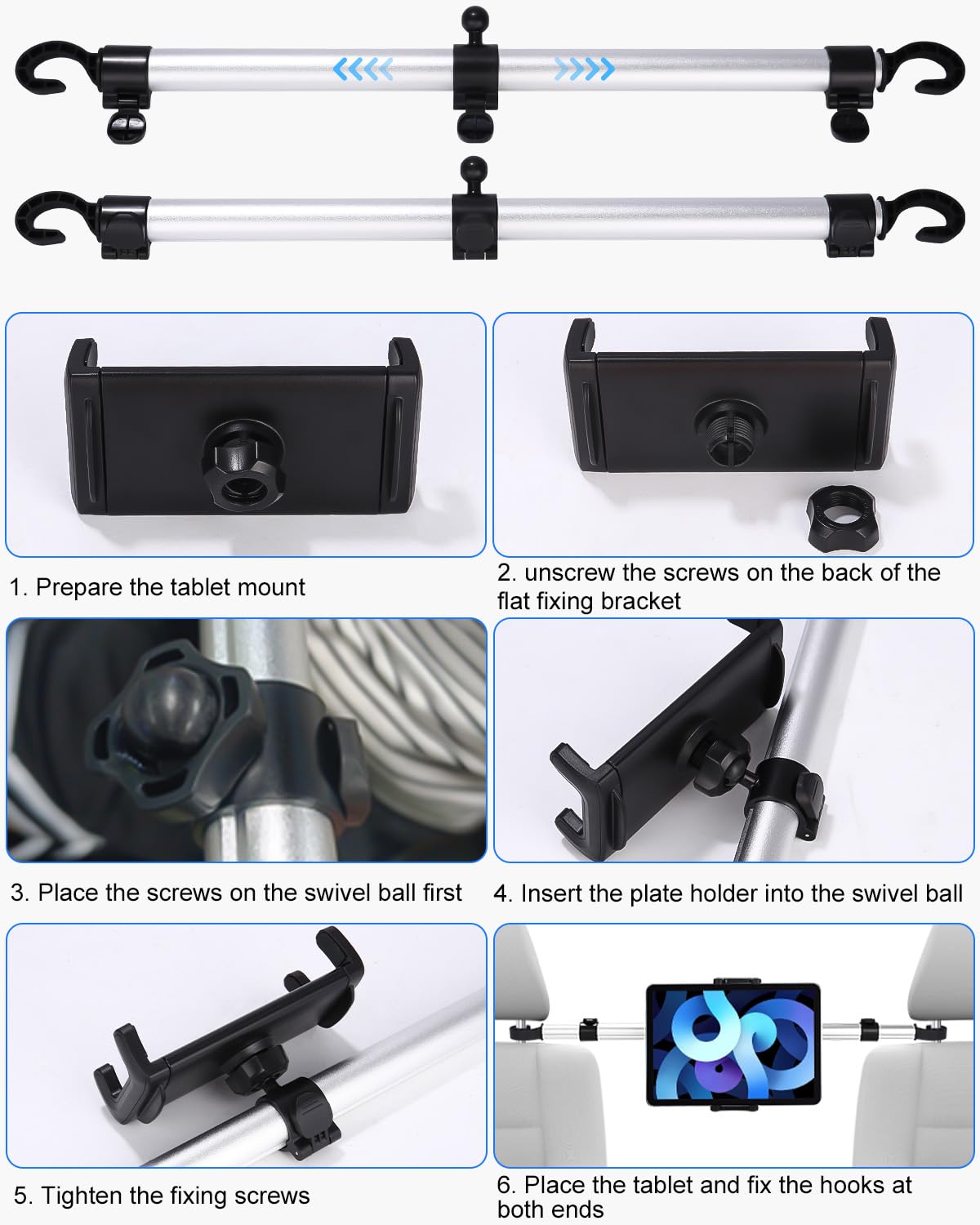 Metallo Porta Tablet da Auto, Supporto Tablet Auto Poggiatesta con 4 ganci di seduta, Universale Porta Tablet Auto Posteriore con Asta Telescopica per 4,7-12,9" iPad Pro Mini, Switch, Cellulare