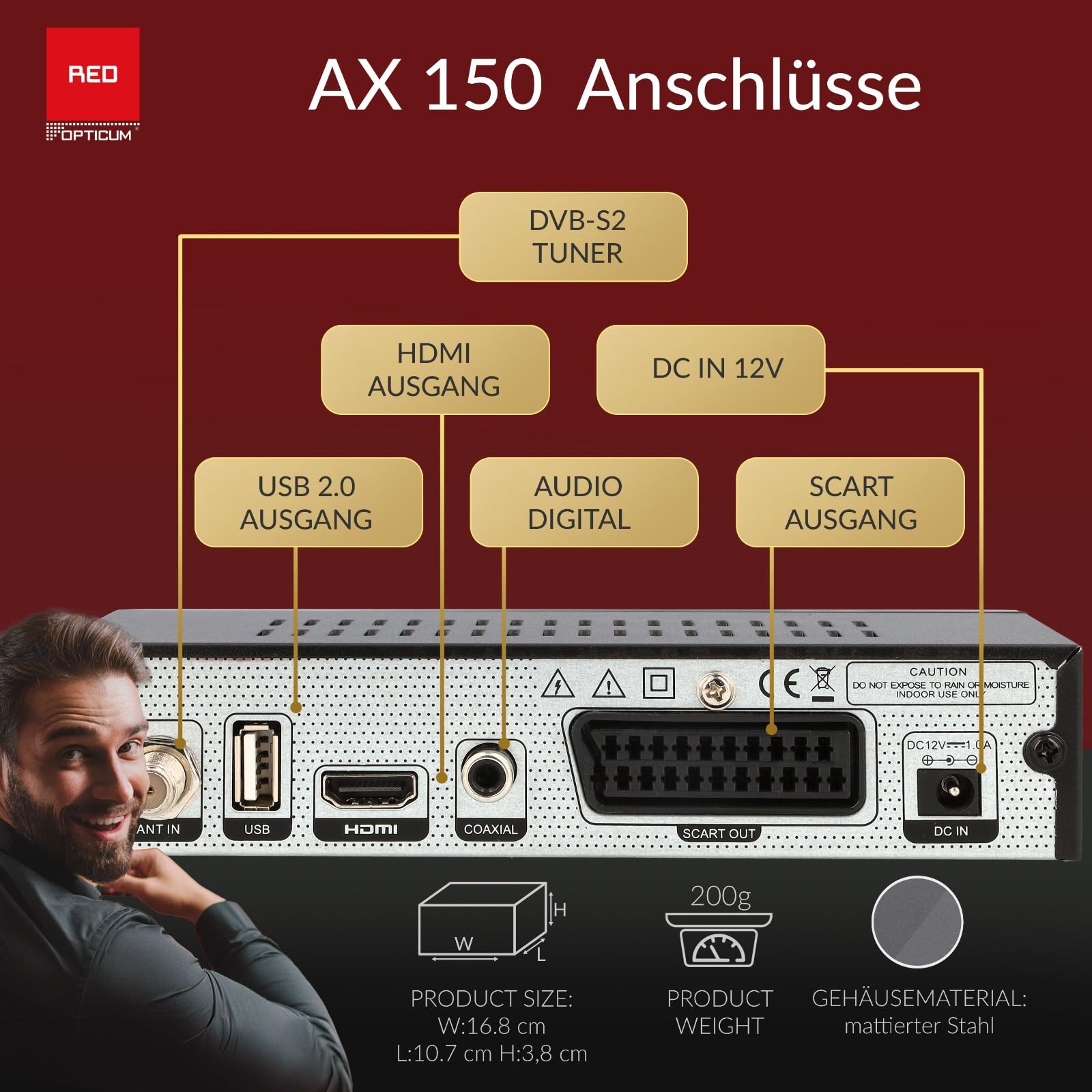 RED Opticum AX-150 Sat Receiver mit Aufnahmefunktion PVR Ready, Digital Sat-Receiver HD fähig für Satelliten, Satellitenschüssel mit HDMI - SCART - USB, TV HD-Receiver Satellit TV (Test: SEHR GUT)
