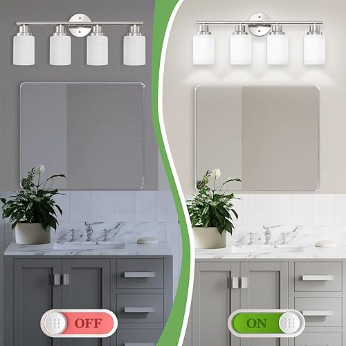 Miniatura 7 de Luces de tocador de níquel cepillado de 4 luces para espejo, lámparas de baño con pantalla de vidrio blanco lechoso texturizado, lámpara de pared