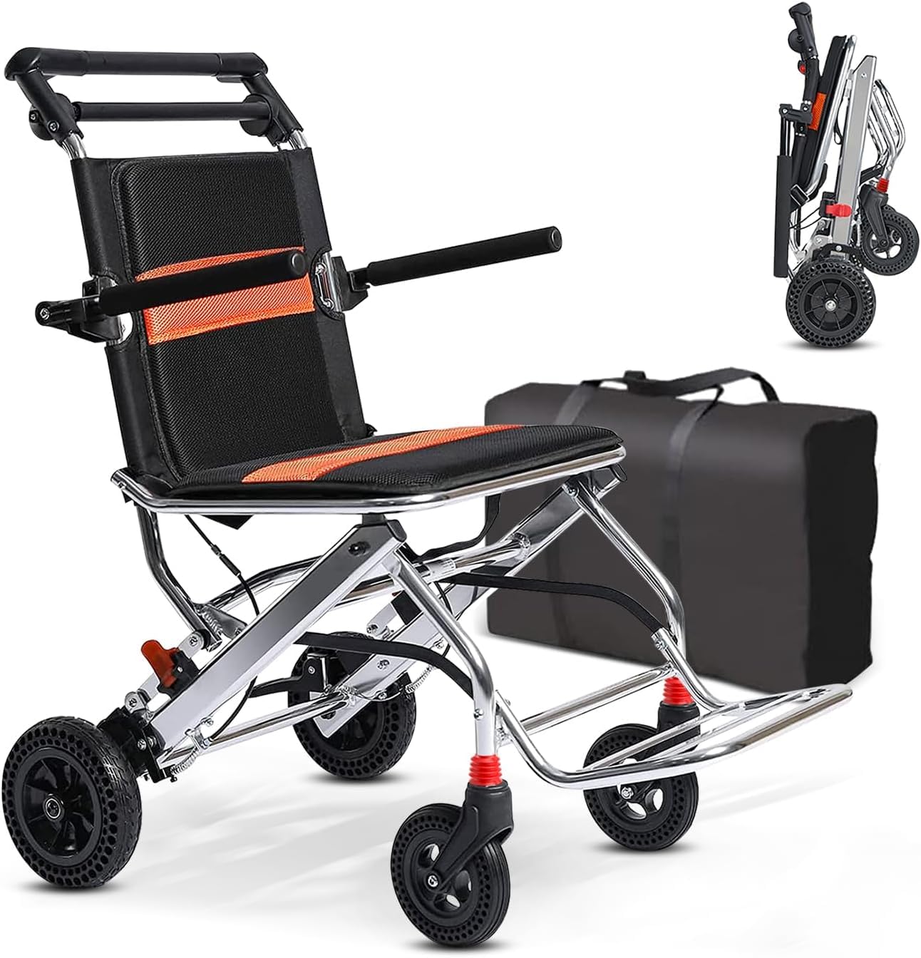Silla de ruedas plegable ligera, silla de ruedas portátil de transporte con freno de mano, carros de aleación de aluminio, con bolsas de viaje, para adultos, niños y ancianos, color negro, talla única