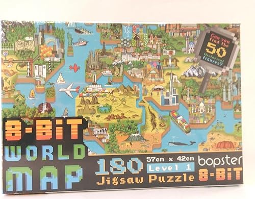 Miniatura 8 de Rompecabezas para niños de 4 a 8 años, rompecabezas de mapa del mundo de 180 piezas, estilo retro de 8 bits, rompecabezas para niños con 50 personas